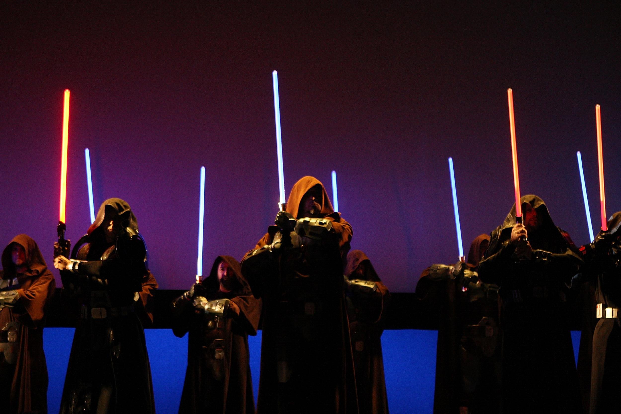 Characters wielding lightsabers take to the stage to promote Star Wars: The Old Republic at E3 in 2009