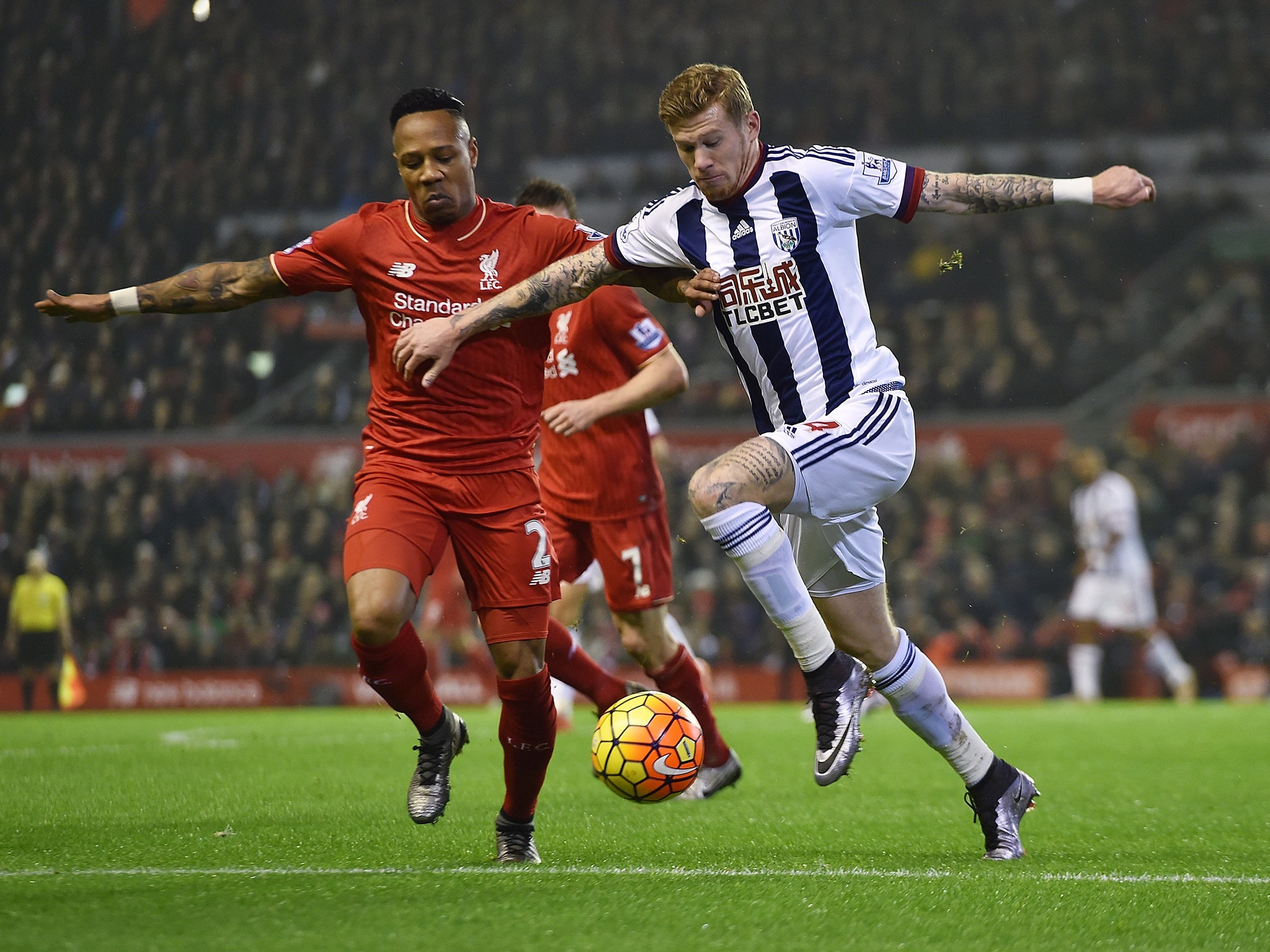 West Brom midfielder James McClean in action against Liverpool on Sunday