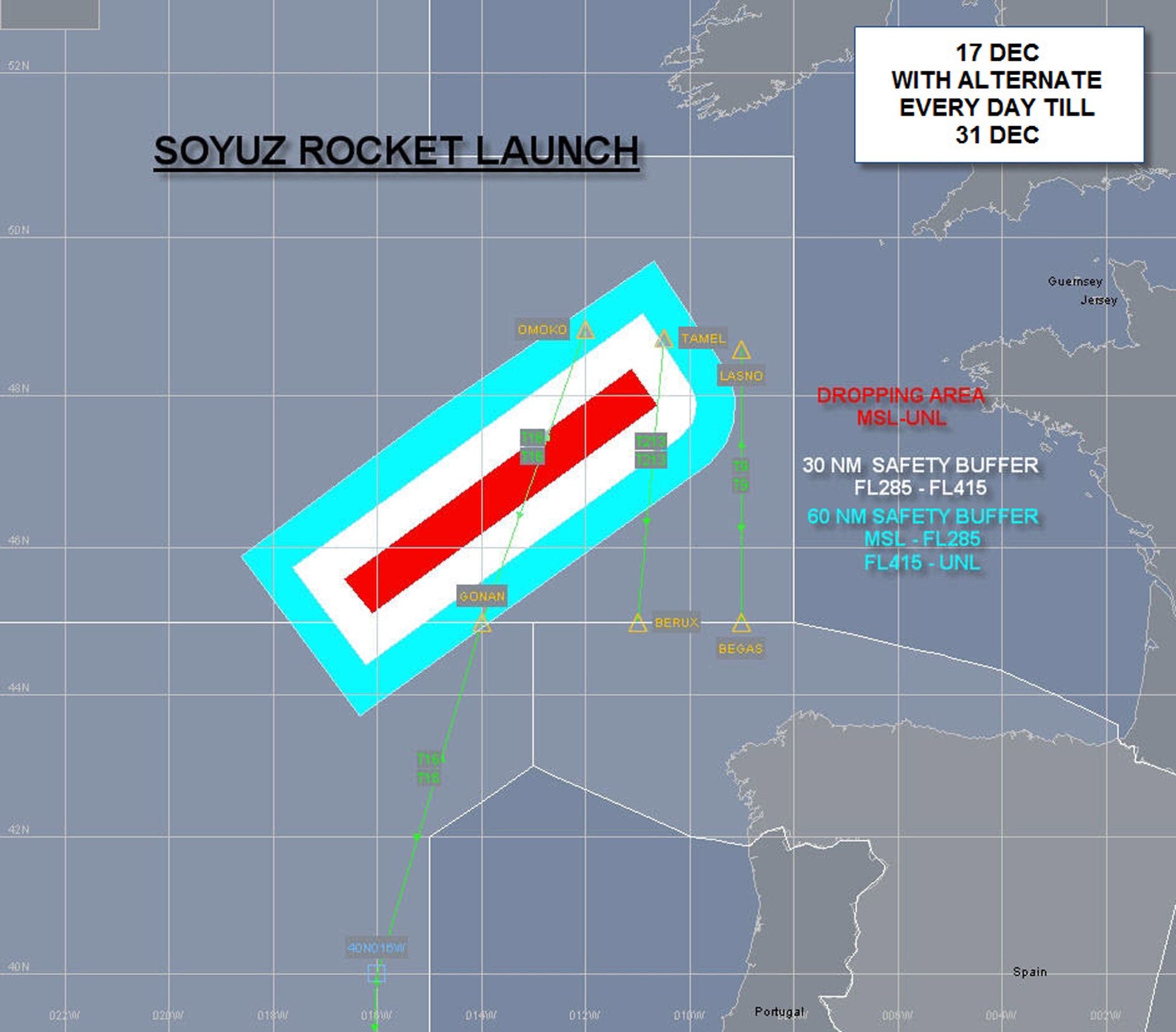 The Soyuz rocket recovery area has been defined to allow for a sufficient safety buffer. It will be applied daily until the launch is completed (Eurocontrol)