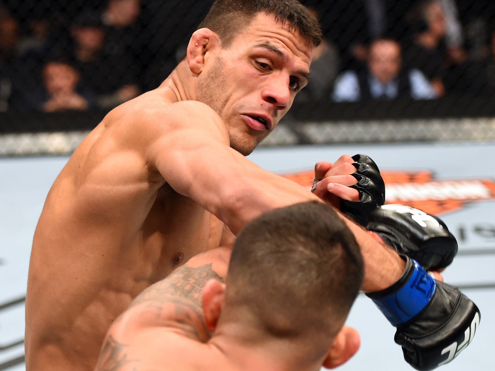 Rafael dos Anjos of Brazil punches Anthony Pettis