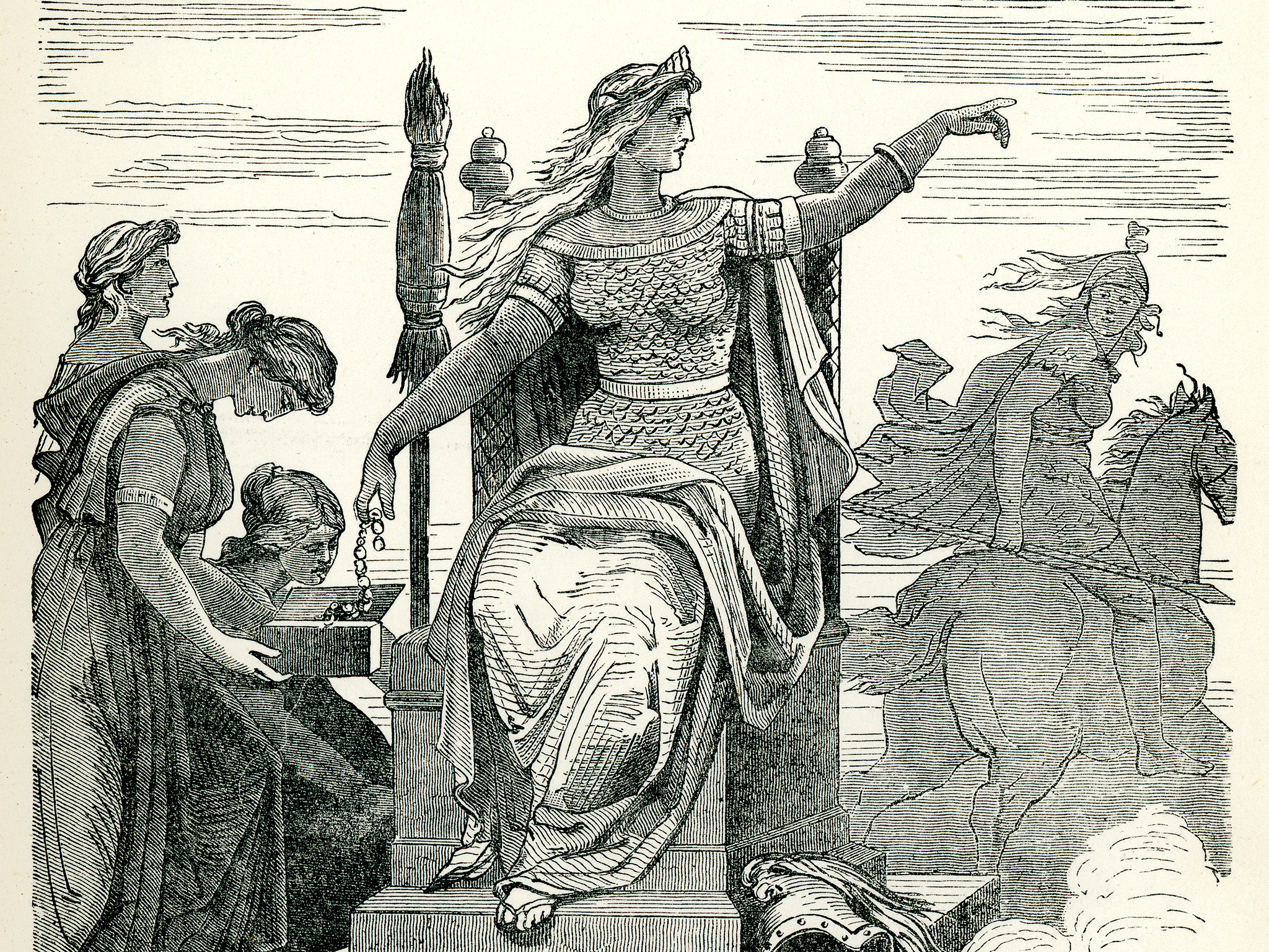 Vintage engraving from 1882 of the Goddess Frigg amd her maidens. Frigg (Frigga) is a major goddess in Norse paganism. She is said to be the wife of Odin, and is the 'foremost among the goddesses' and the queen of Asgard