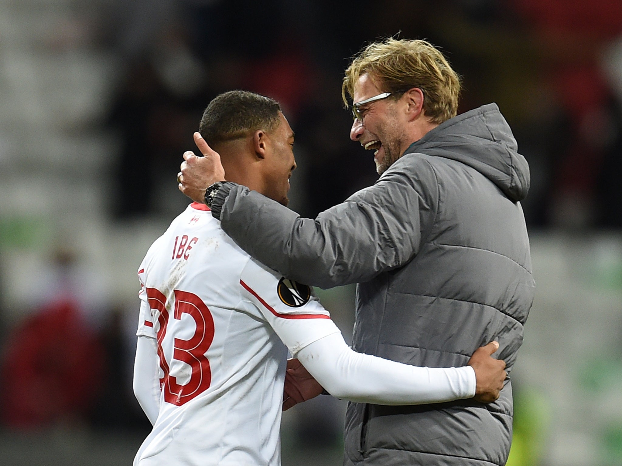 Jordon Ibe receiving a hug from Jürgen Klopp