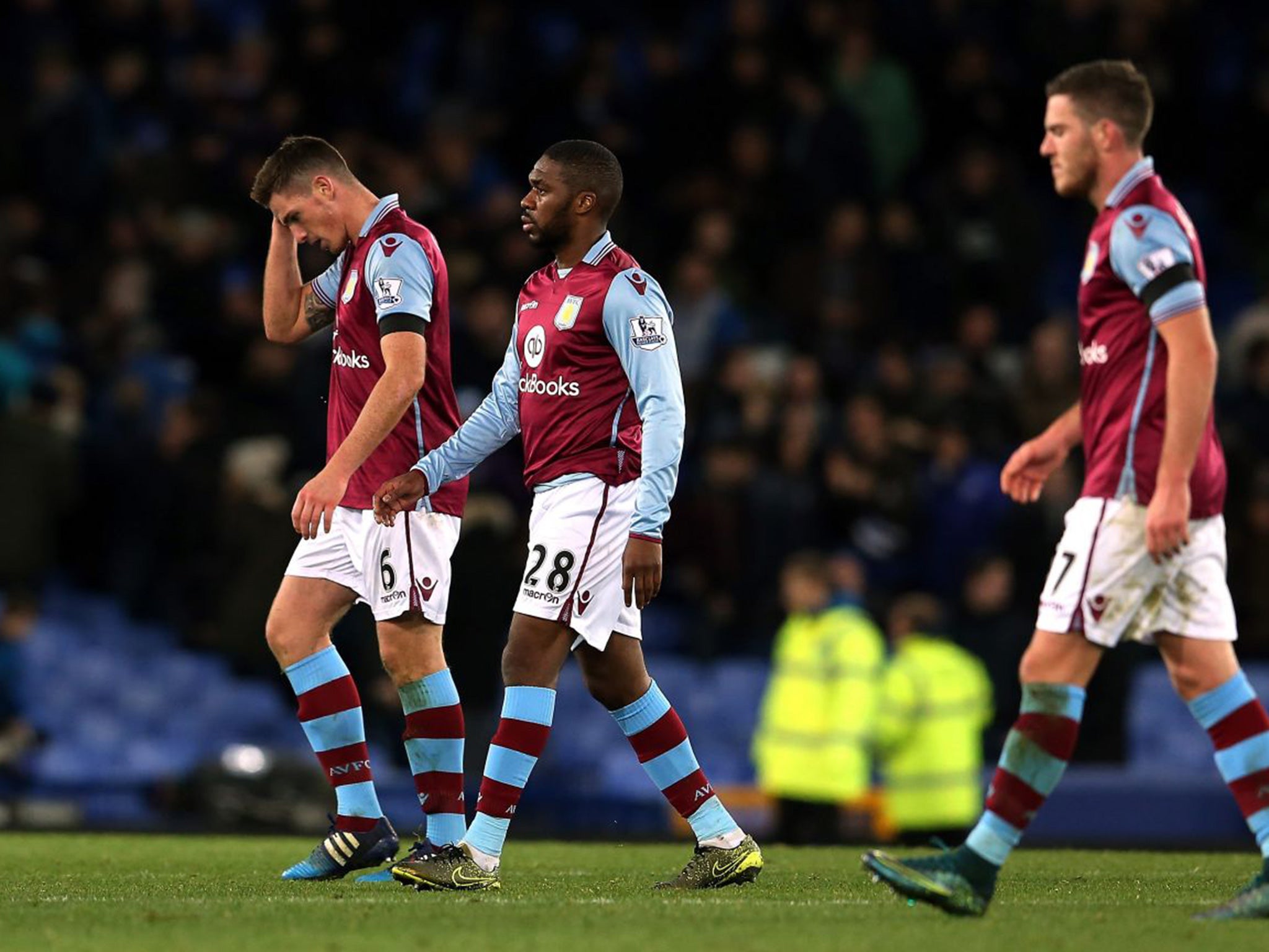 Ciaran Clark, Charles N’Zogbia and Jordan Veretout after Aston Villa’s 4-0 Premier League defeat at the hands of Everton