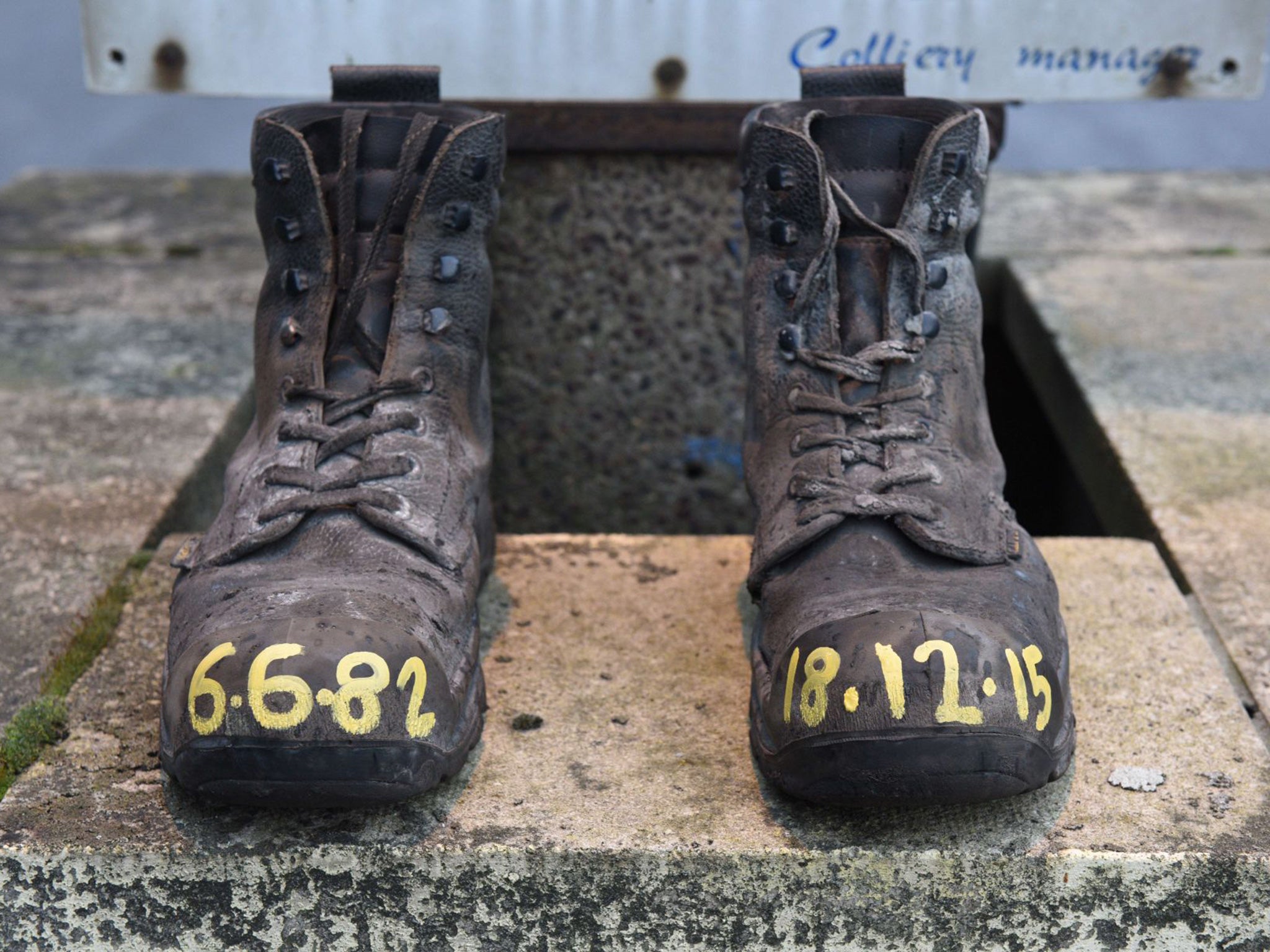 A pair of miner’s boots left at the entrance gate of Kellingley colliery yesterday