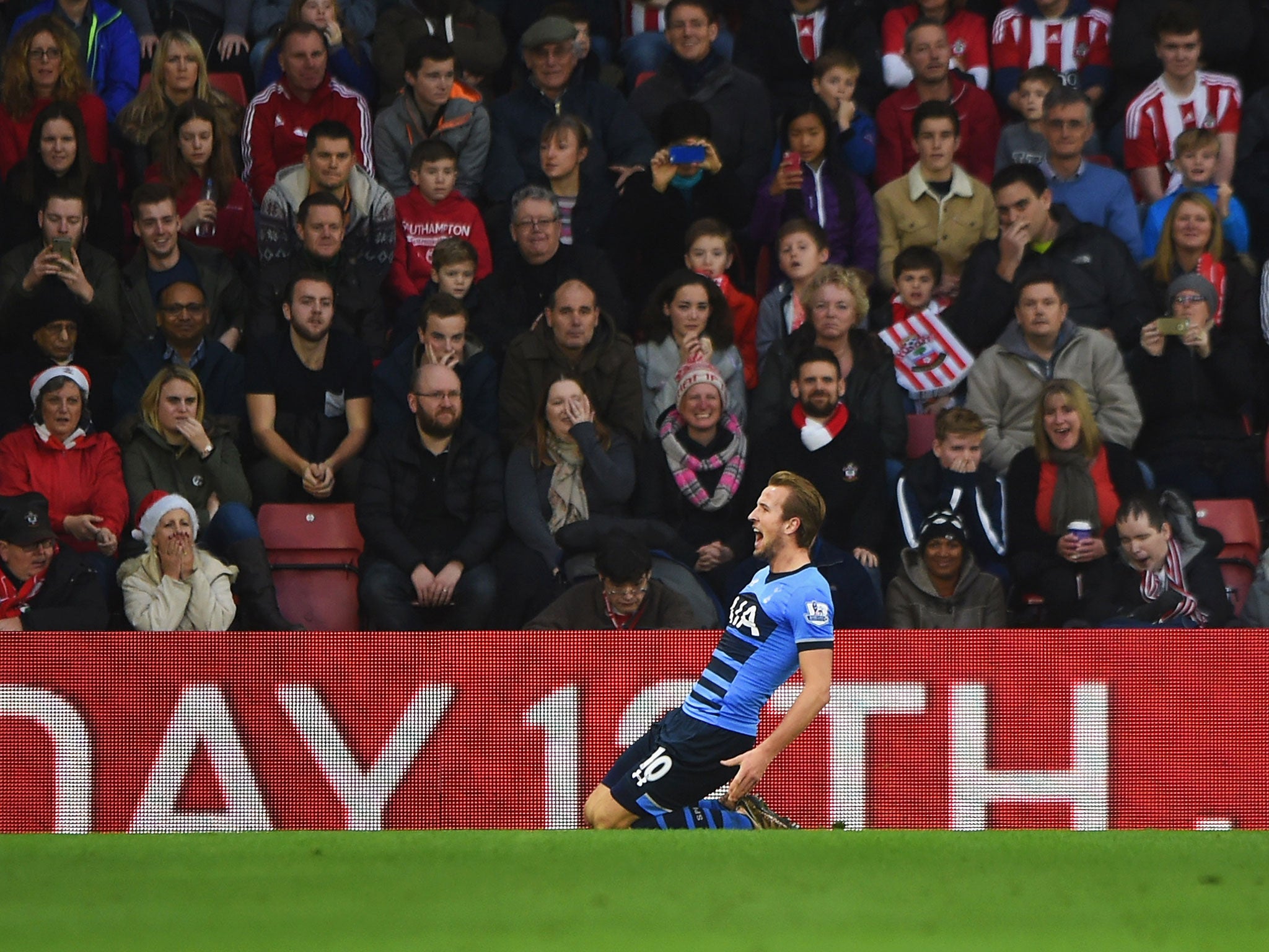 Harry Kane celebrates scoring Tottenham's first goal against Southampton