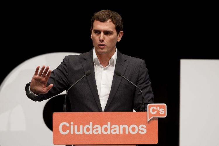 Ciudadanos (Citizens) party leader Albert Rivera speaks during the final electoral campaign rally at Plaza de Santa Ana on December 18, 2015 in Madrid,