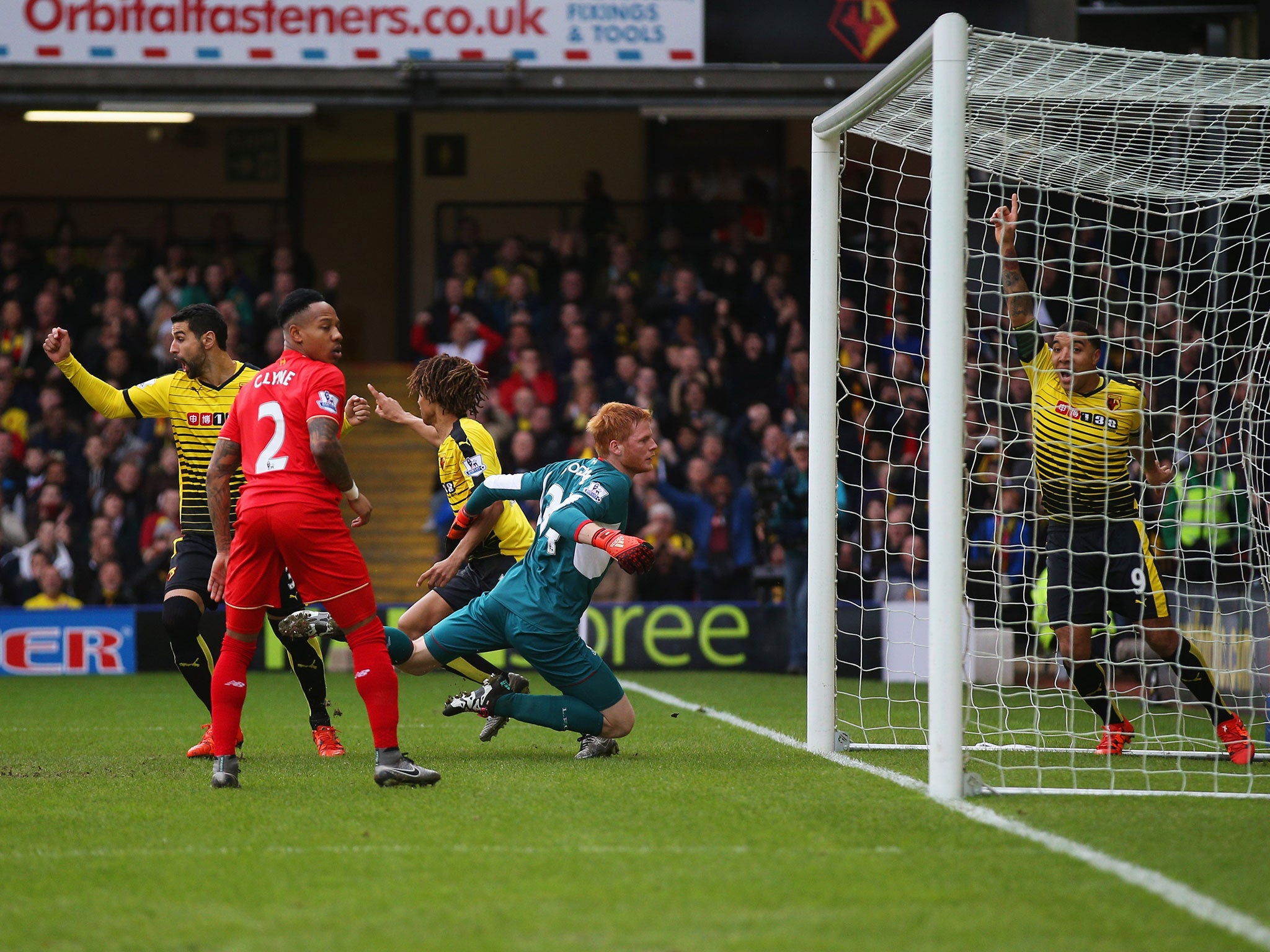 Watford celebrate Nathan Ake's opening goal