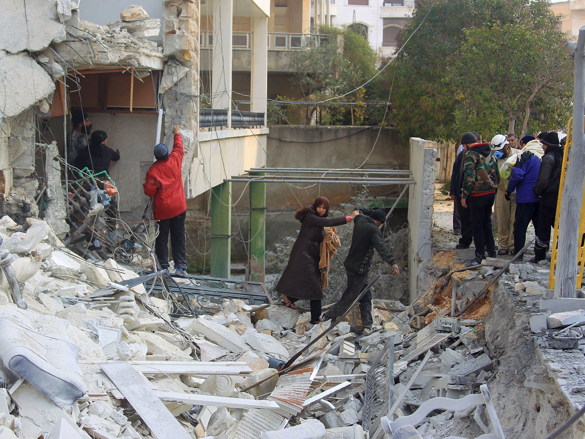 A damaged building after what activists said were airstrikes carried out by the Russian air force in Idlib city, Syria