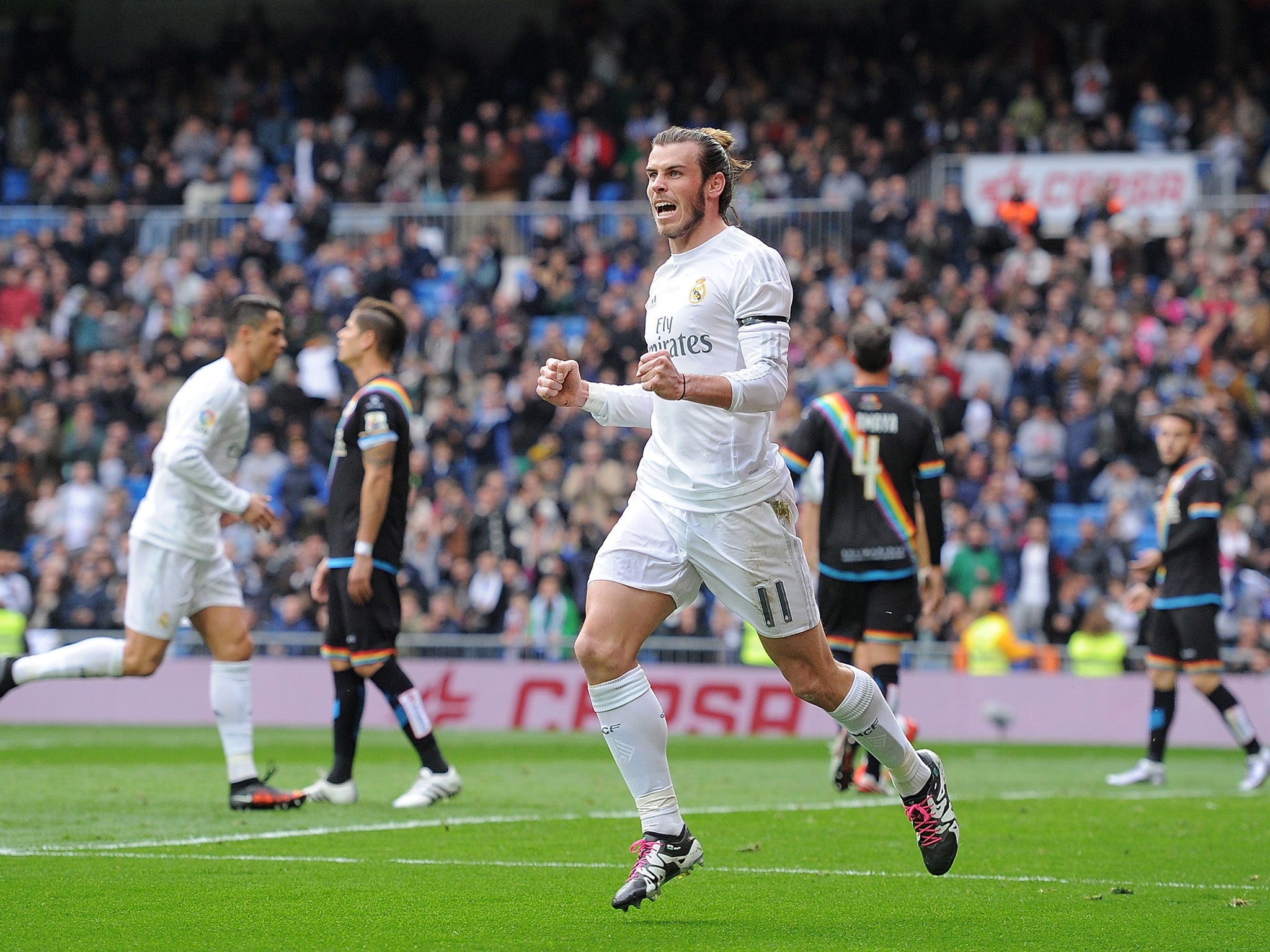 Gareth Bale celebrates one of his four goals for Real Madrid