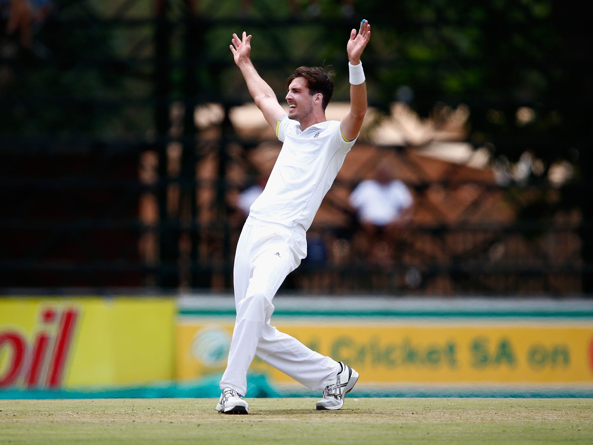 England’s Steve Finn makes an appeal during the tour match against South Africa