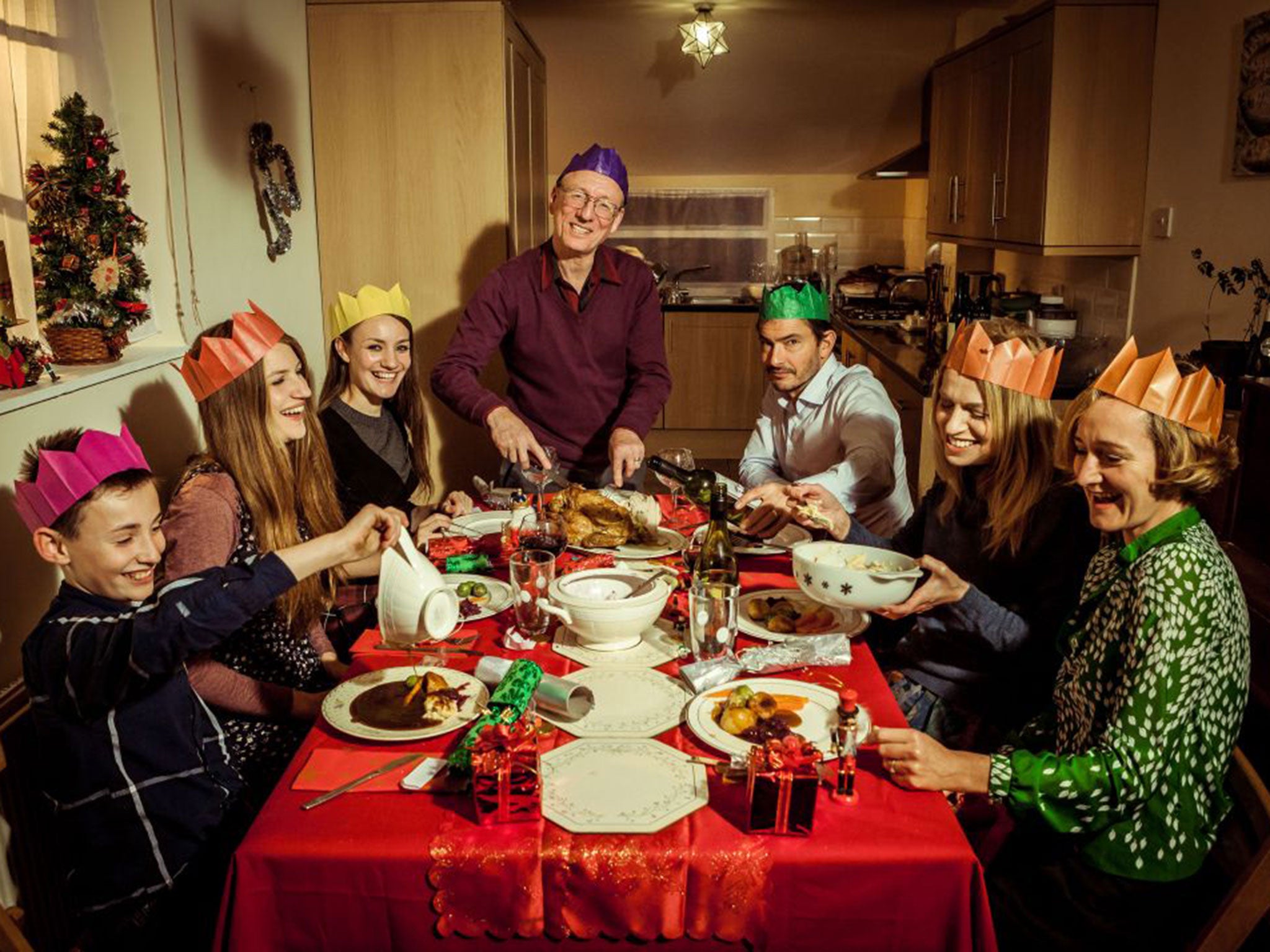 The time-travelling Robshaw family enjoy a Nineties dinner in the BBC 2 show ‘Back in Time for Christmas’