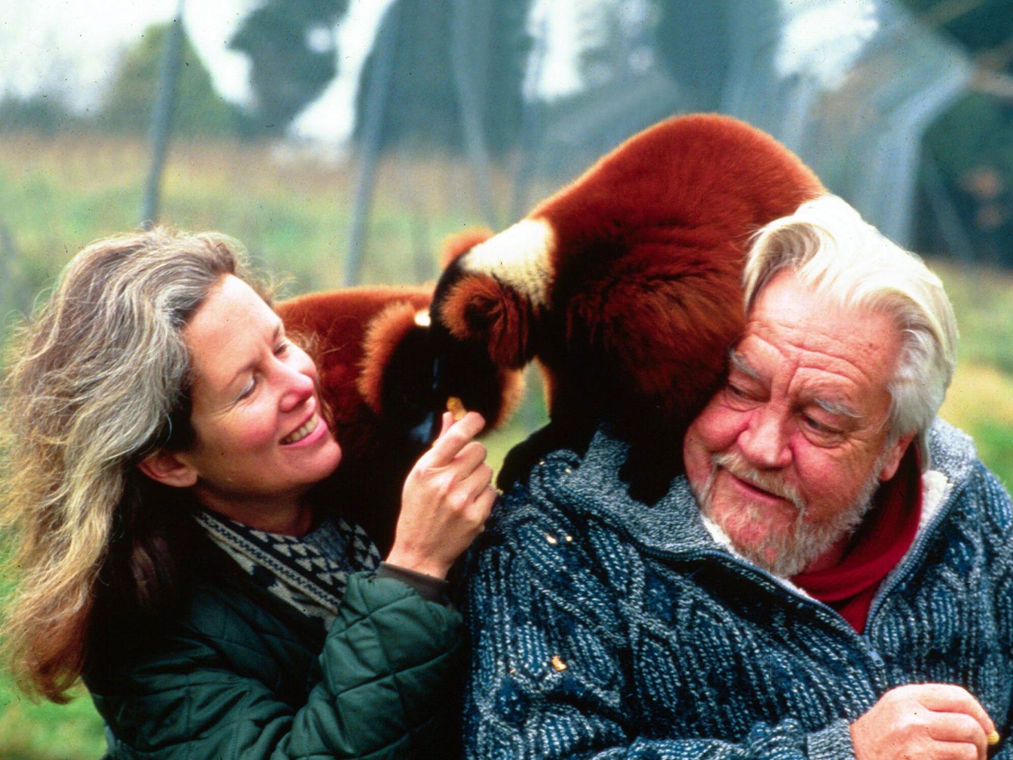 Durrell with his wife Lee and some Lemur monkeys at his animal sanctuary in 1992 (Rex)