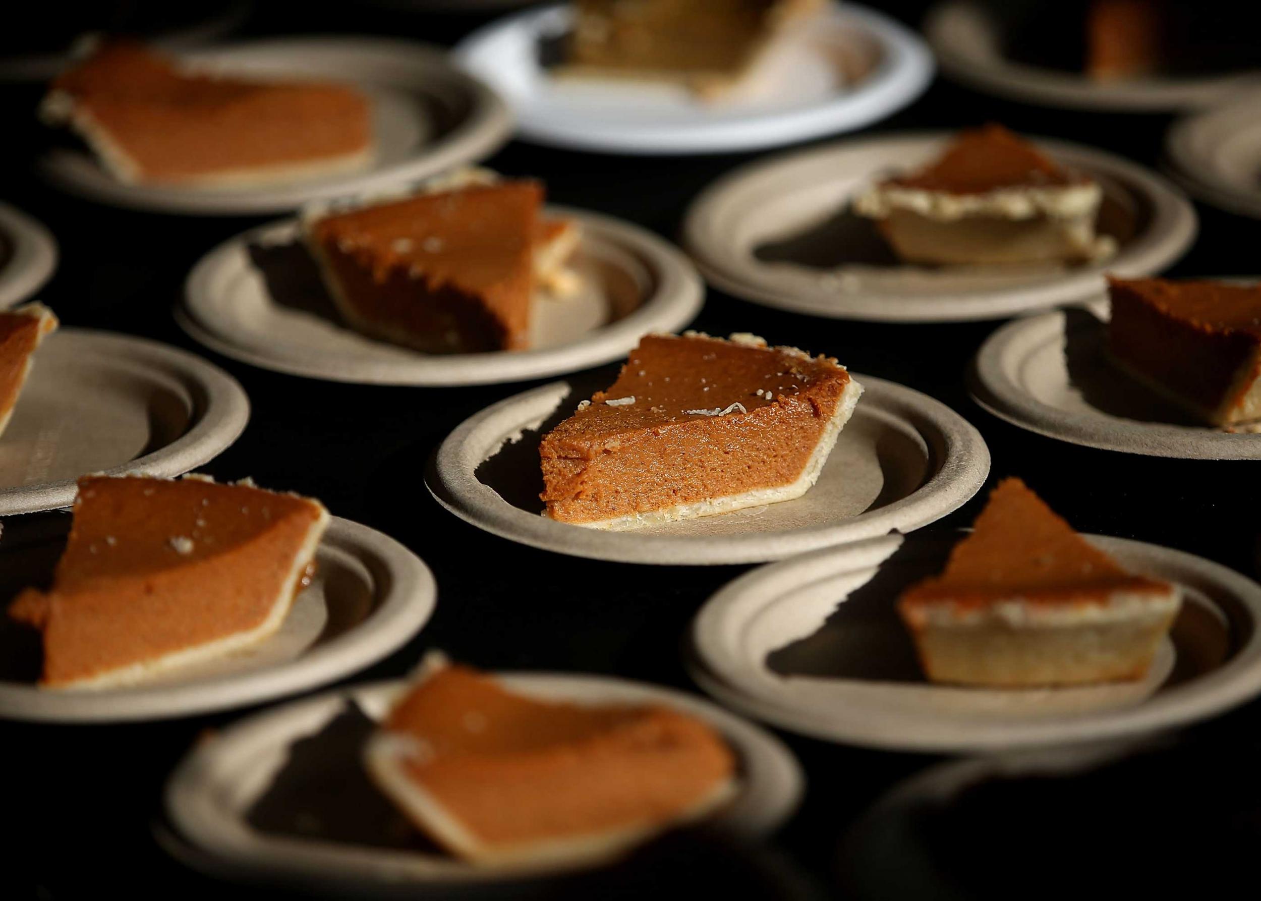 Slices of pie are seen at a banquet in California