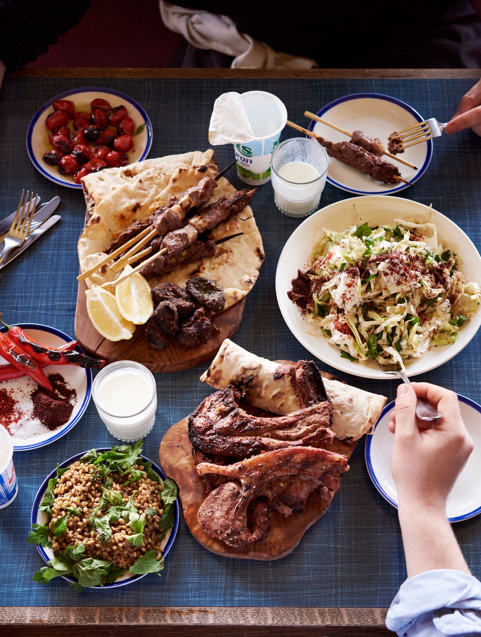 Stevie’s kofte and lamb chops, served with white cabbage salad, chillies and drinking yoghurt