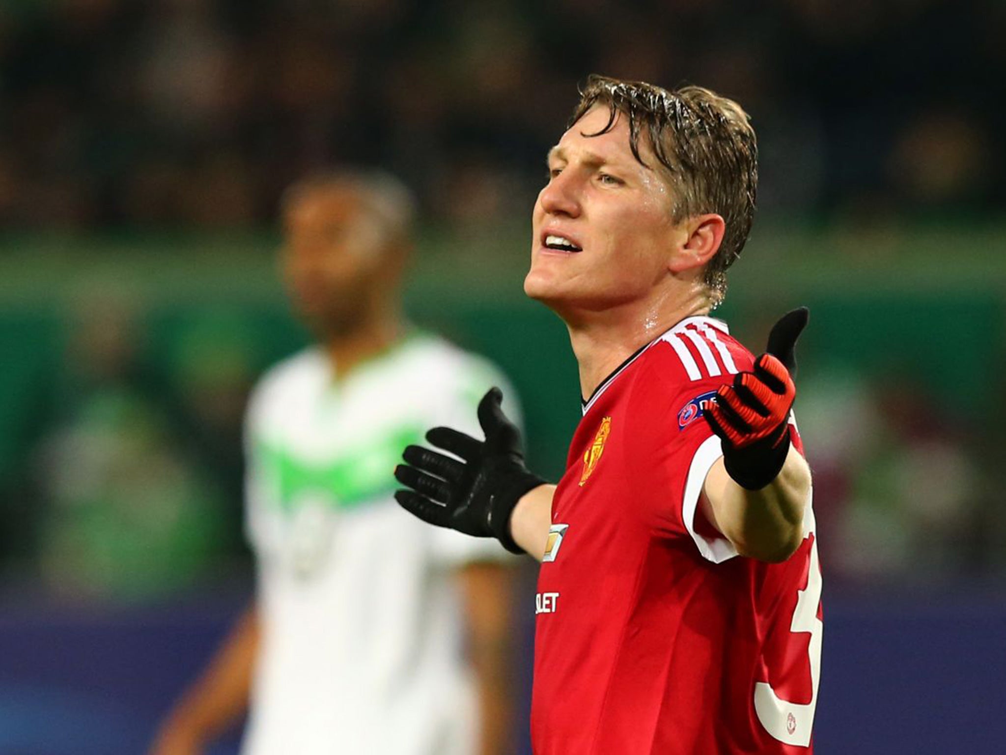 Bastian Schweinsteiger of Manchester United reacts during the UEFA Champions League defeat to Wolfsburg