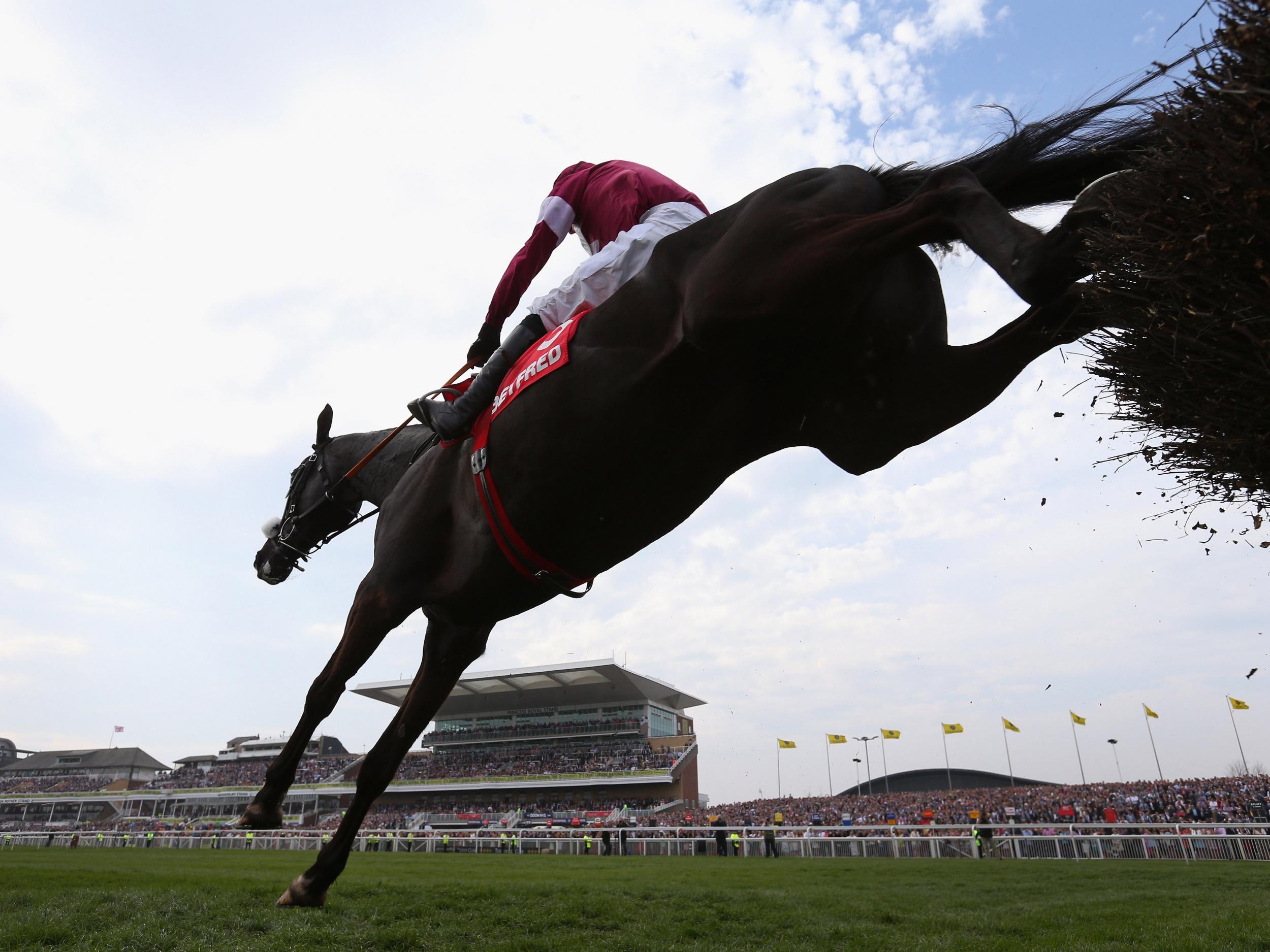 Don Cossack ridden by Tony McCoy jumps the last fence on their way to winning the Betfred Melling Steeple Chase at Aintree Racecourse on April 10, 2015 in Liverpool, England