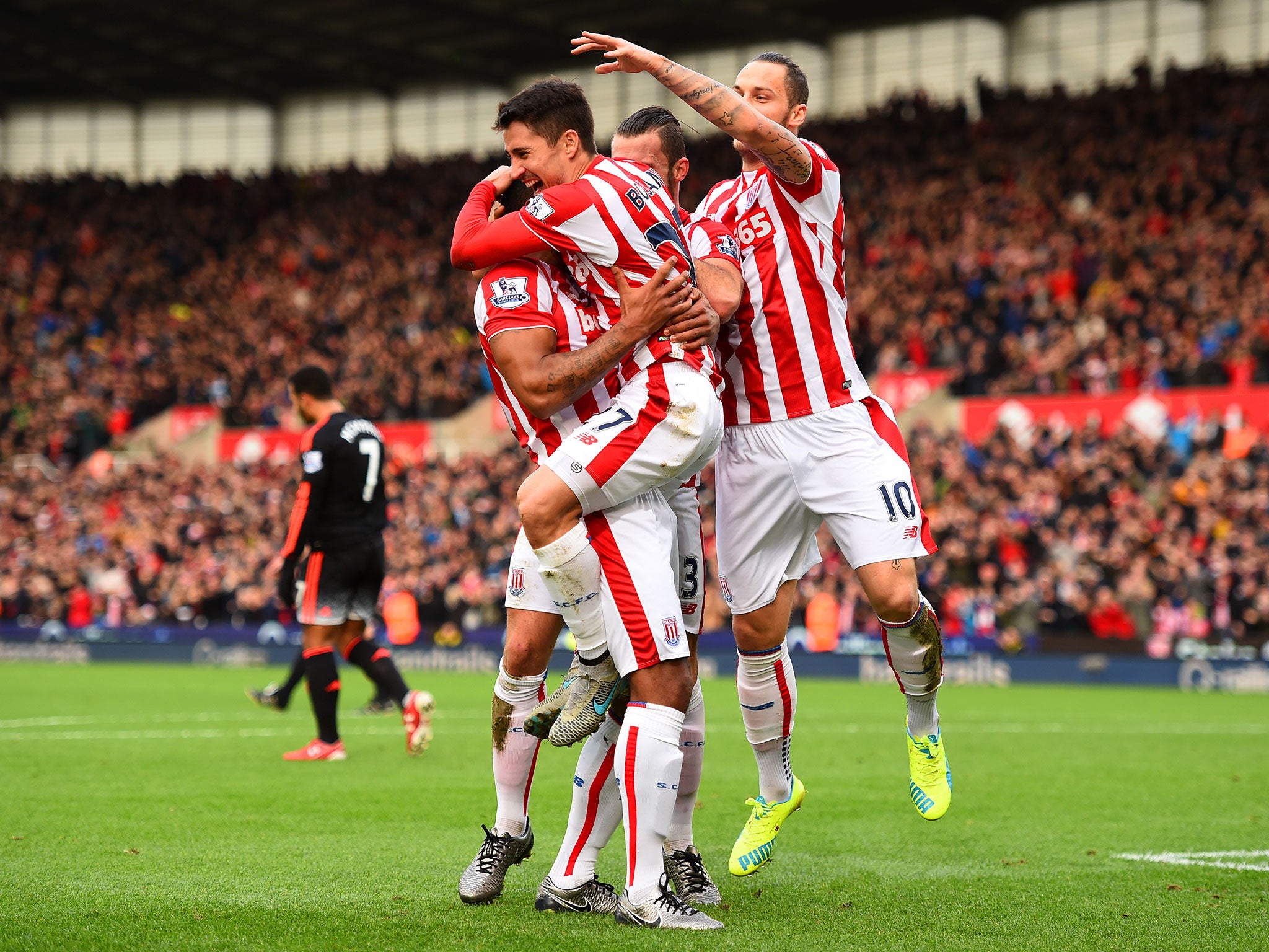 Bojan celebrates giving Stoke the lead against Manchester United