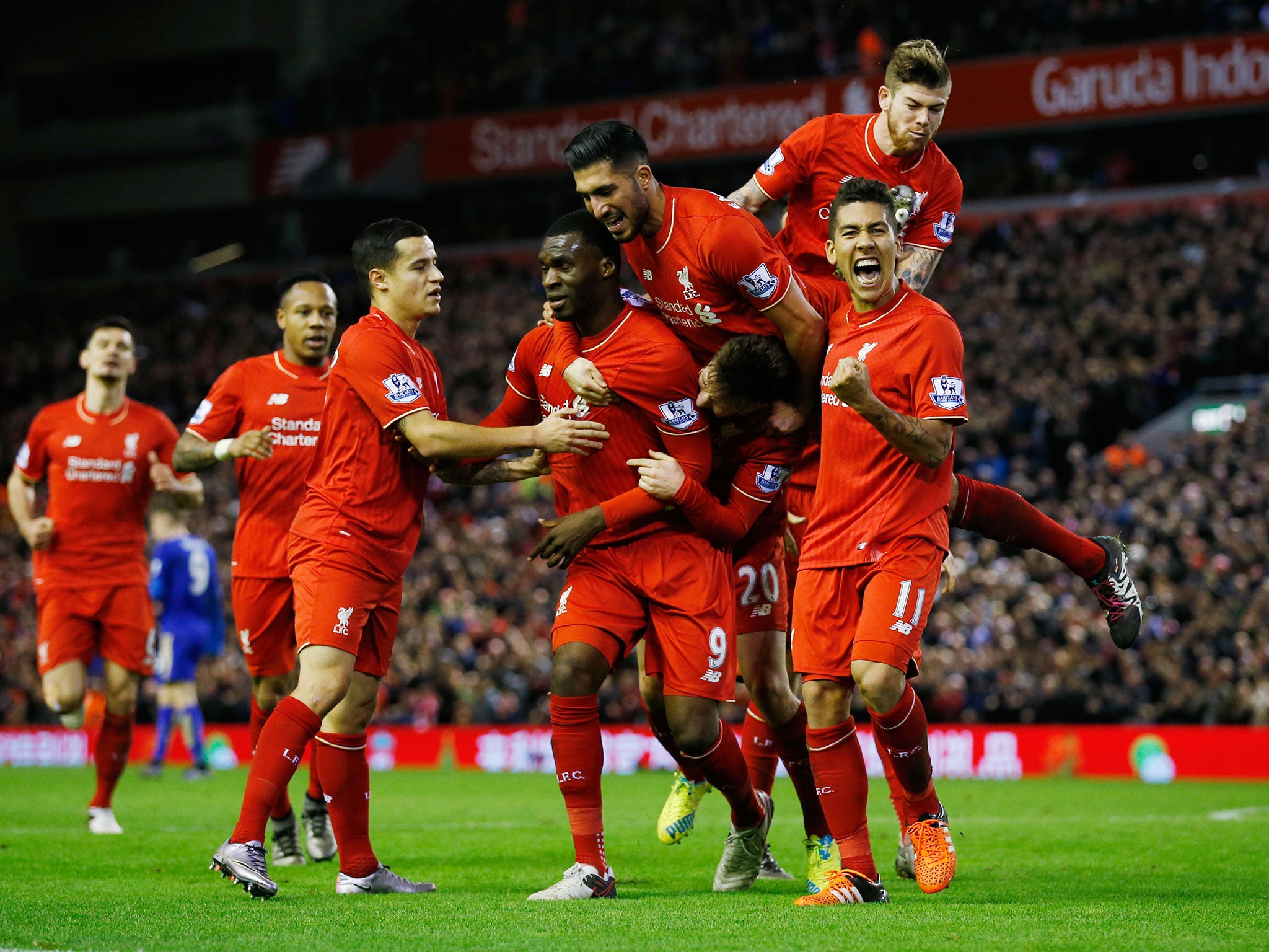 Alberto Moreno is kicked in the face by Emre Can as Liverpool celebrate Christian Benteke's goal