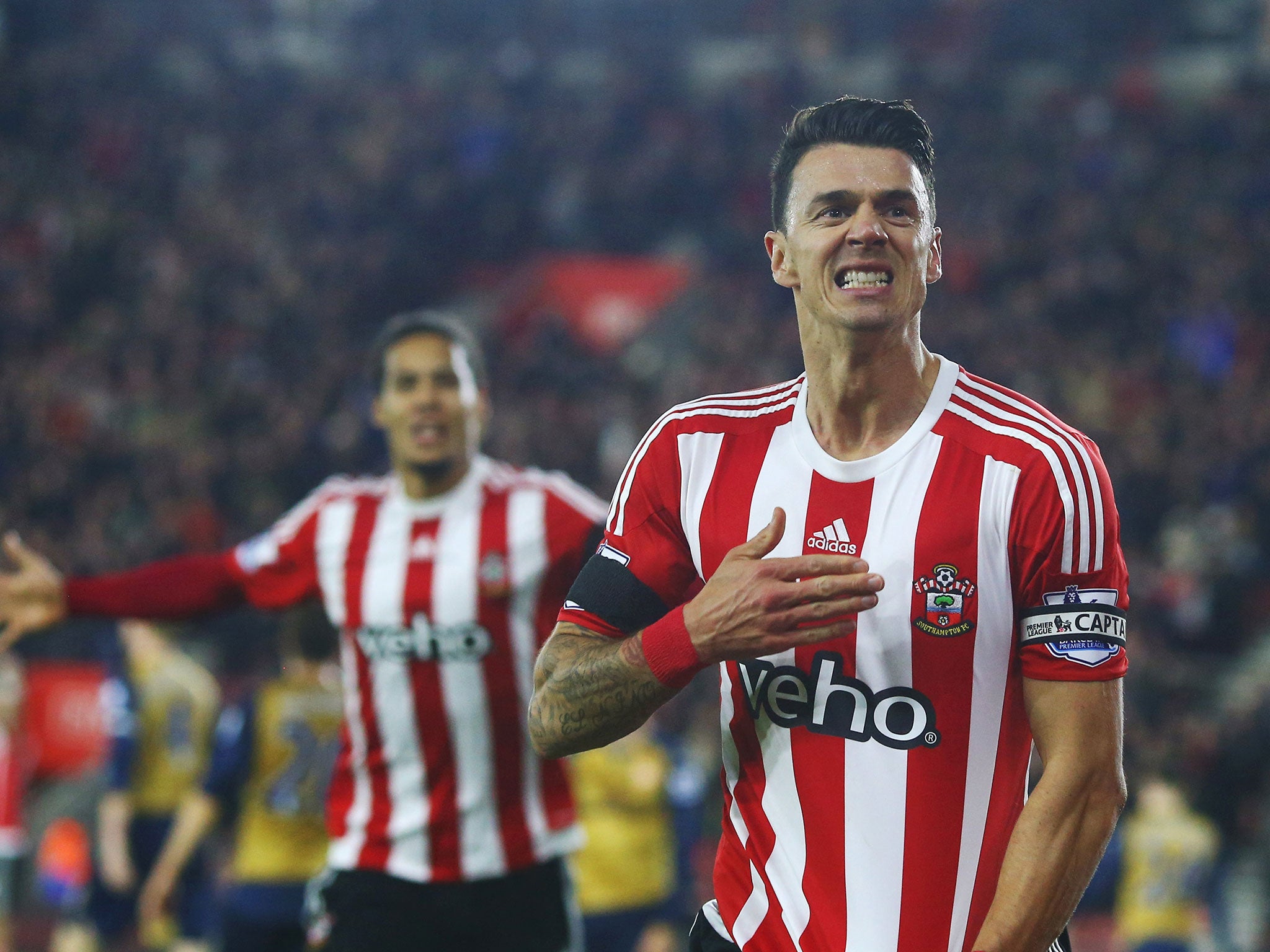 Southampton defender Jose Fonte celebrates scoring the third goal against Arsenal