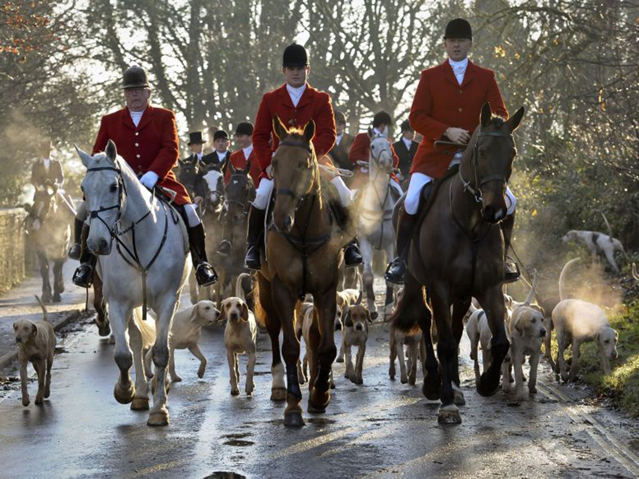 Avon Vale hunt making its way to the village of Laycock, Wiltshire