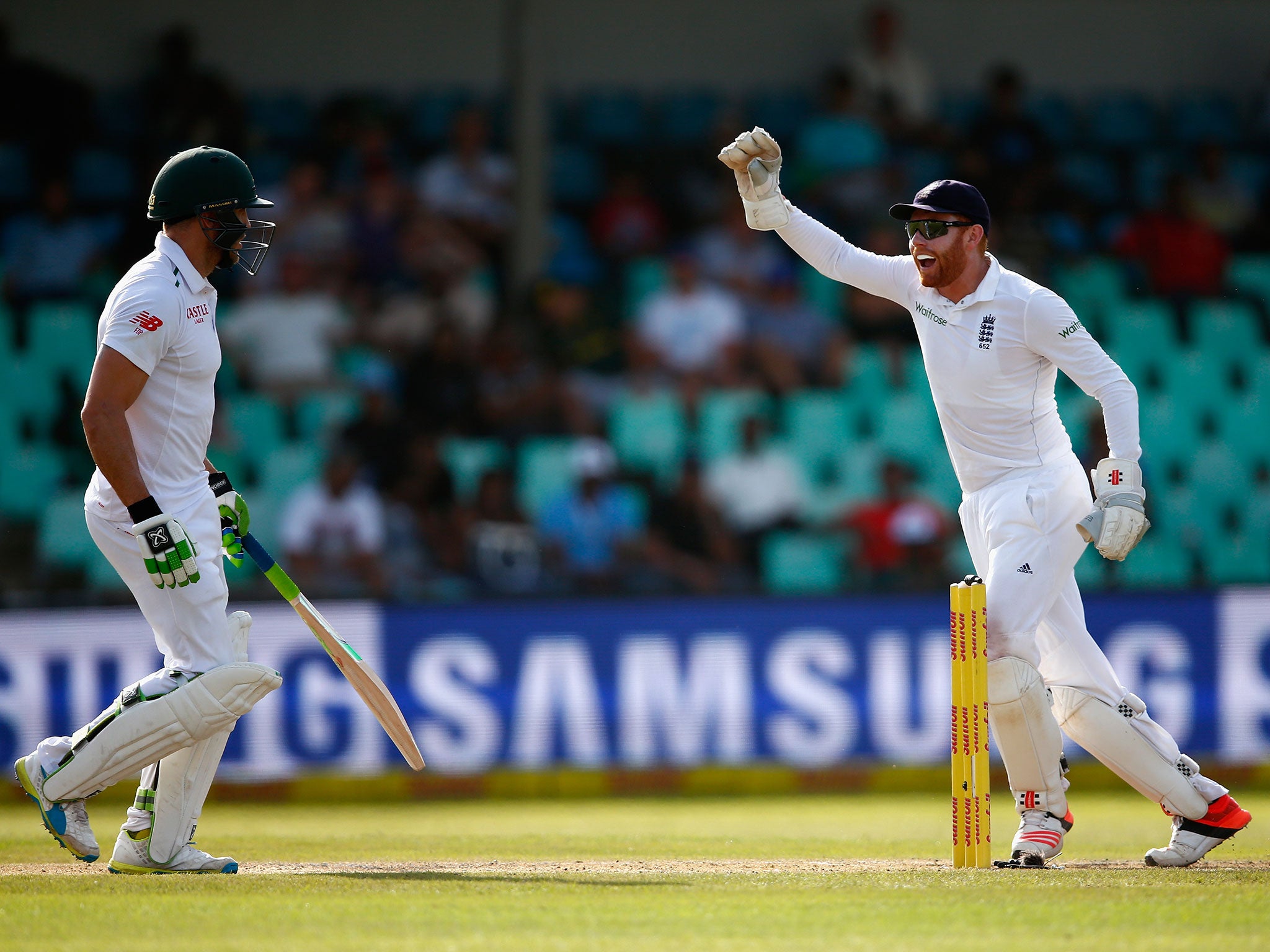 Jonny Bairstow celebrates after Faf du Plessis is bowled by Moeen Ali