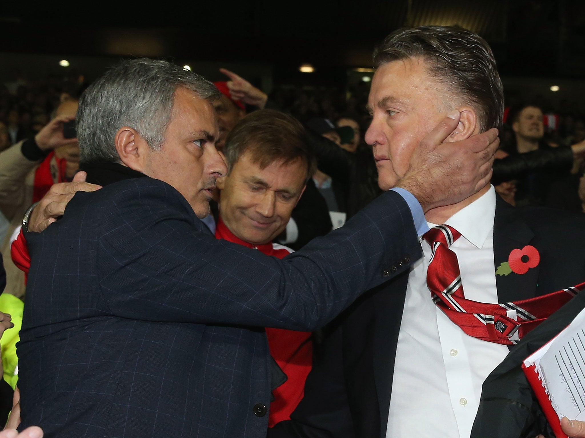 Louis van Gaal (right) faces Chelsea - who sacked manager Jose Mourinho (left) earlier this month - on Monday night