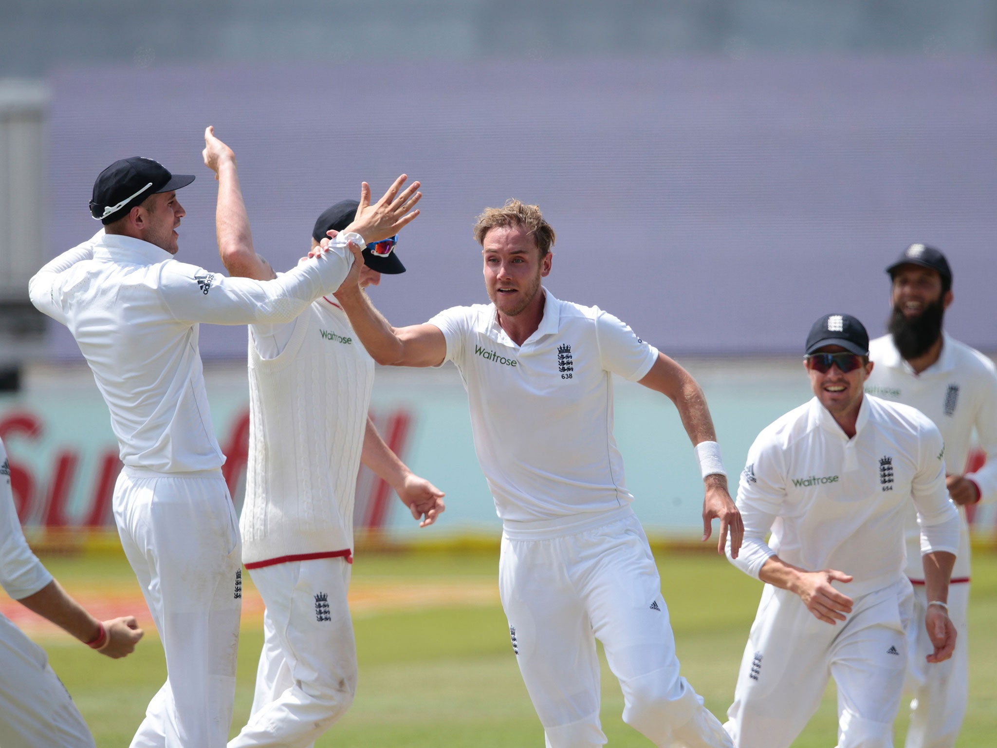 Stuart Broad celebrates taking the wicket of South Africa captain Hashim Amla