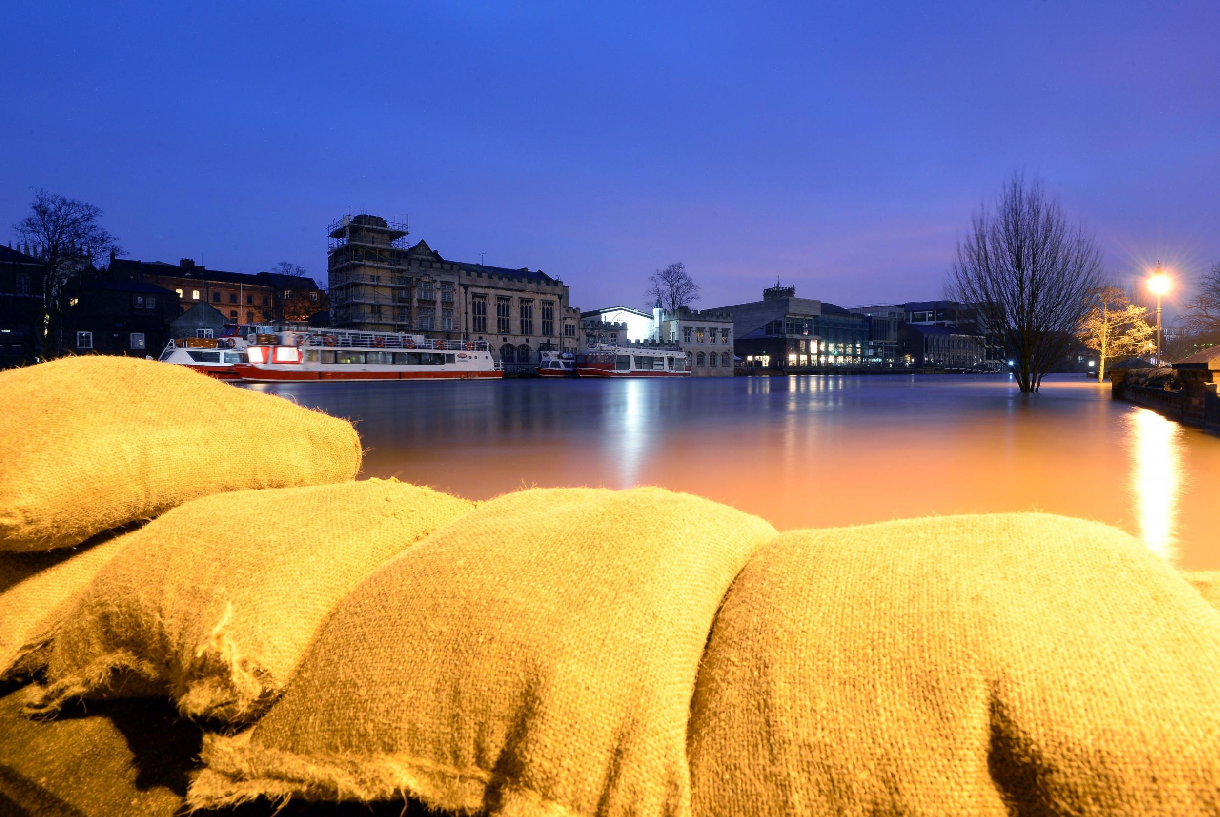 Temporary flood defences on the River Ouse in York City centre