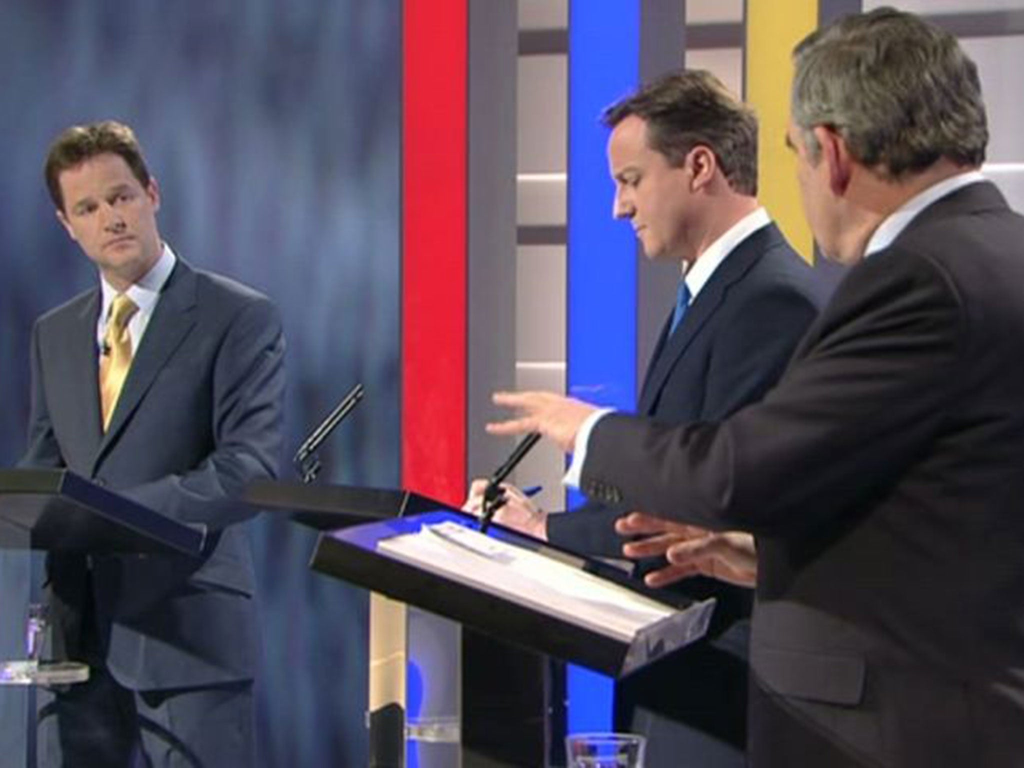 Nick Clegg, David Cameron and Gordon Brown in 2010