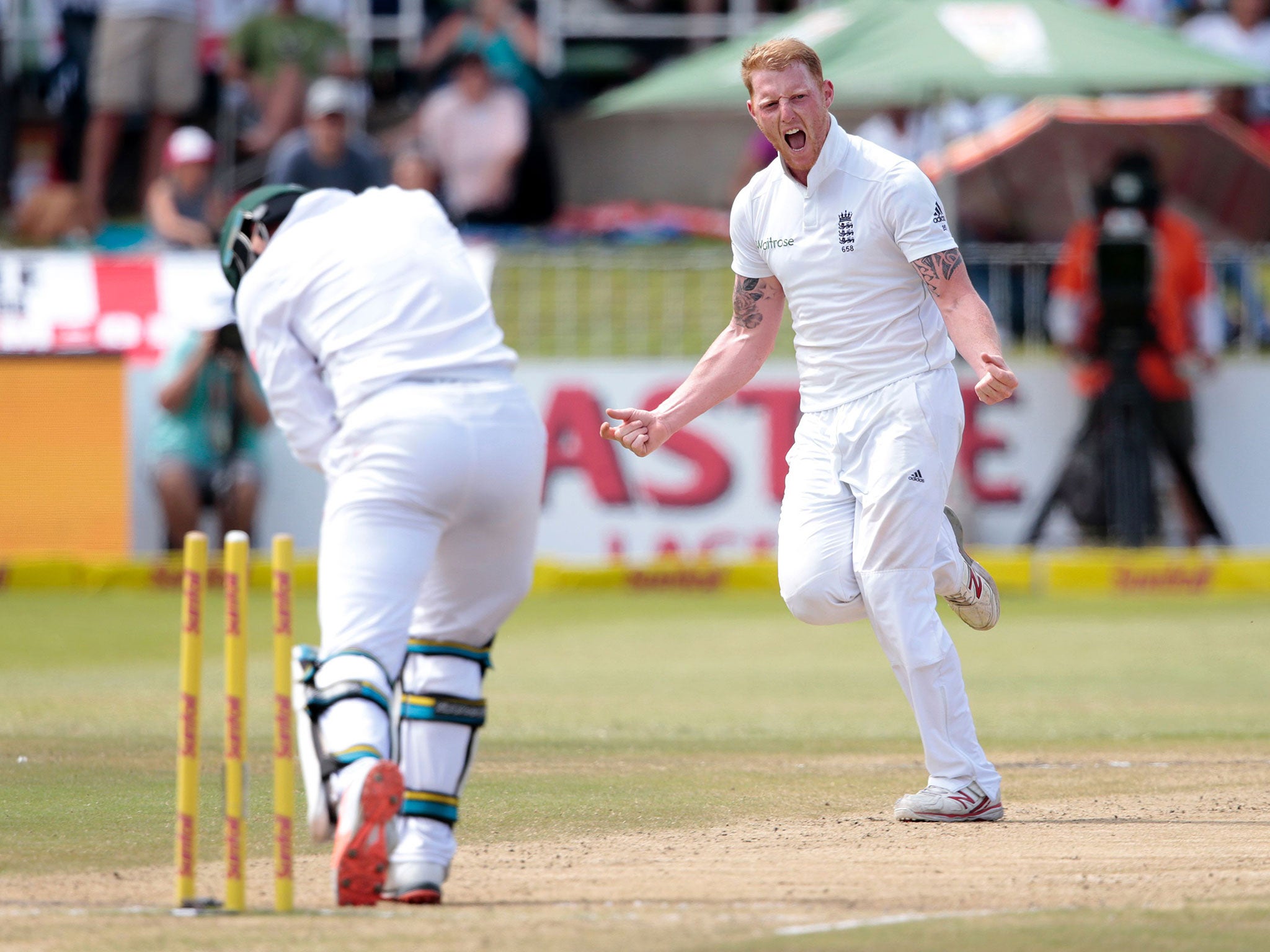 Ben Stokes celebrates taking the wicket of Stiaan van Zyl