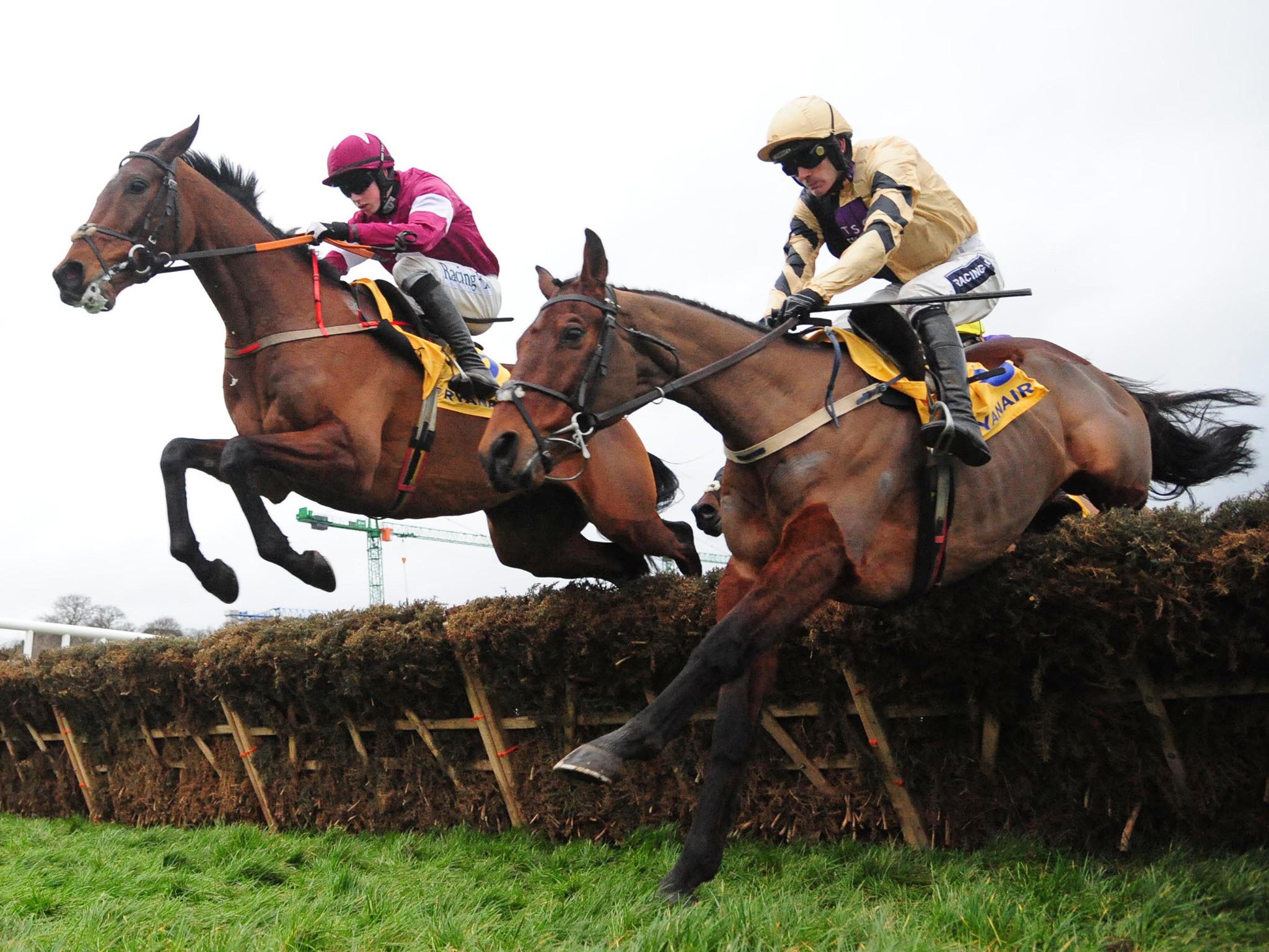 Nichols Canyon and Ruby Walsh (right) jump the first hurdle