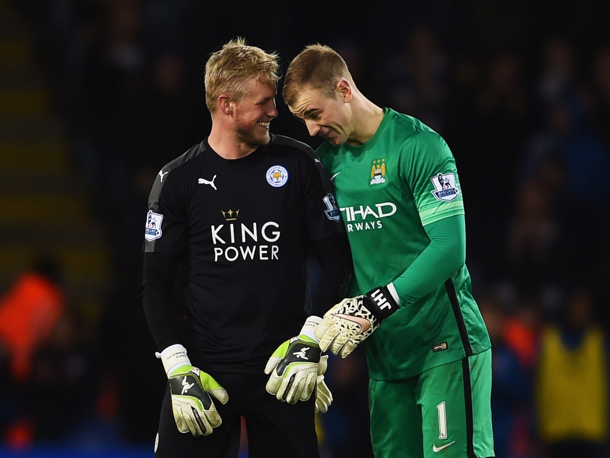 Kasper Schmiechel and Joe Hart joke after the draw between Leicester and Manchester City