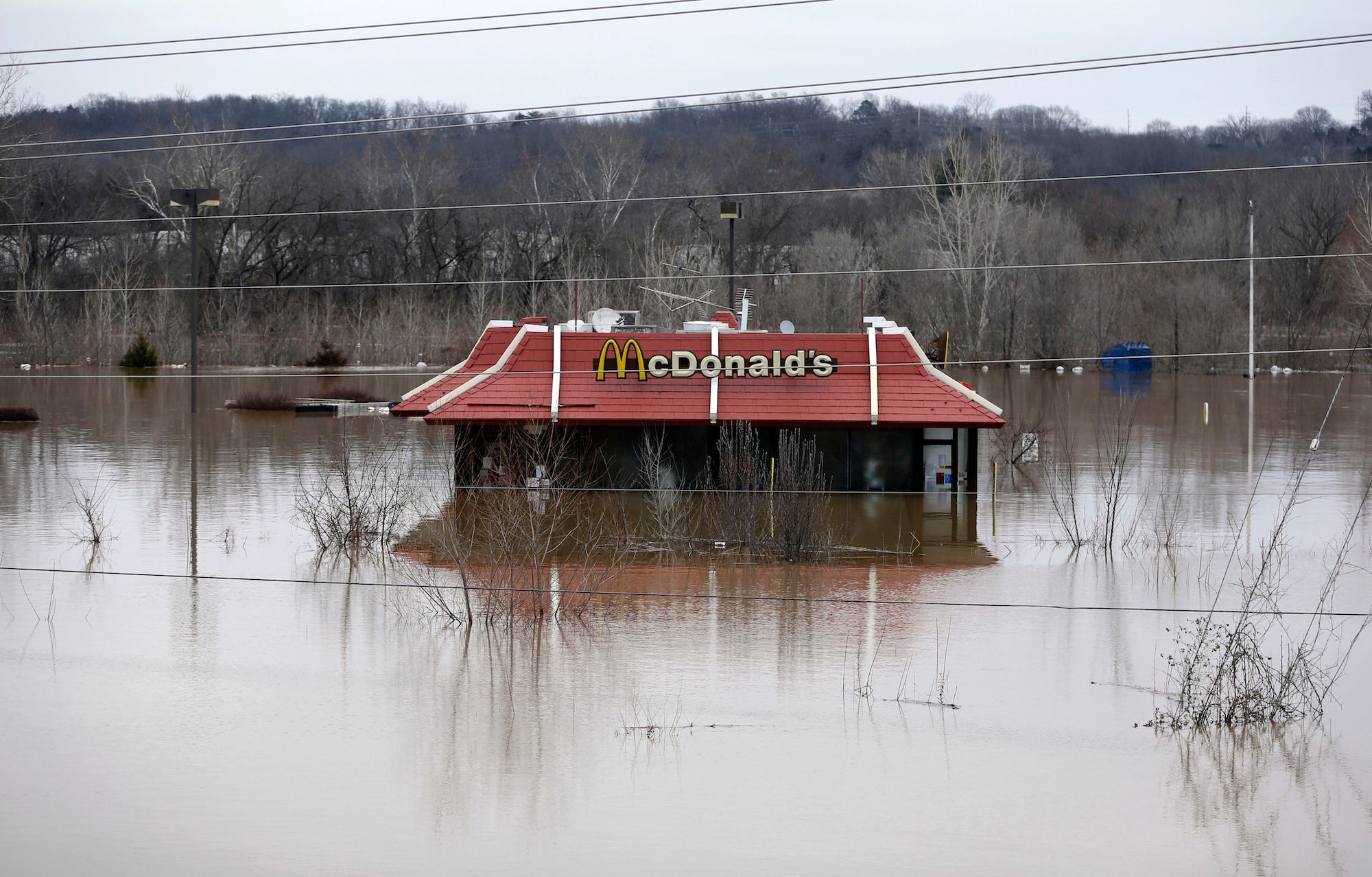 Floodwater from the Bourbeuse River surrounds a McDonald's restaurant on December 29, 2015, in Union, Missouri.