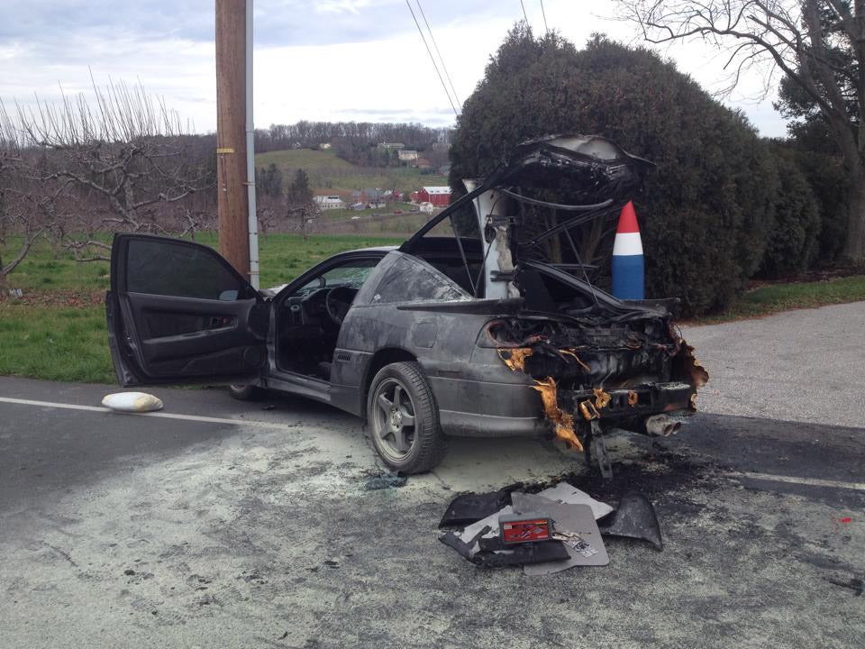 What was left of the burning vehicle