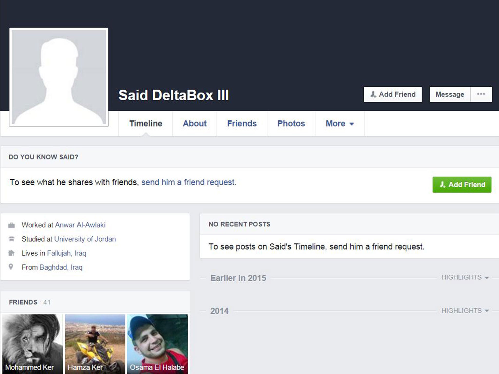 The Facebook page appearing to belong to Said Saouti lists a dead al-Qaeda recruiter as his 'place of work'