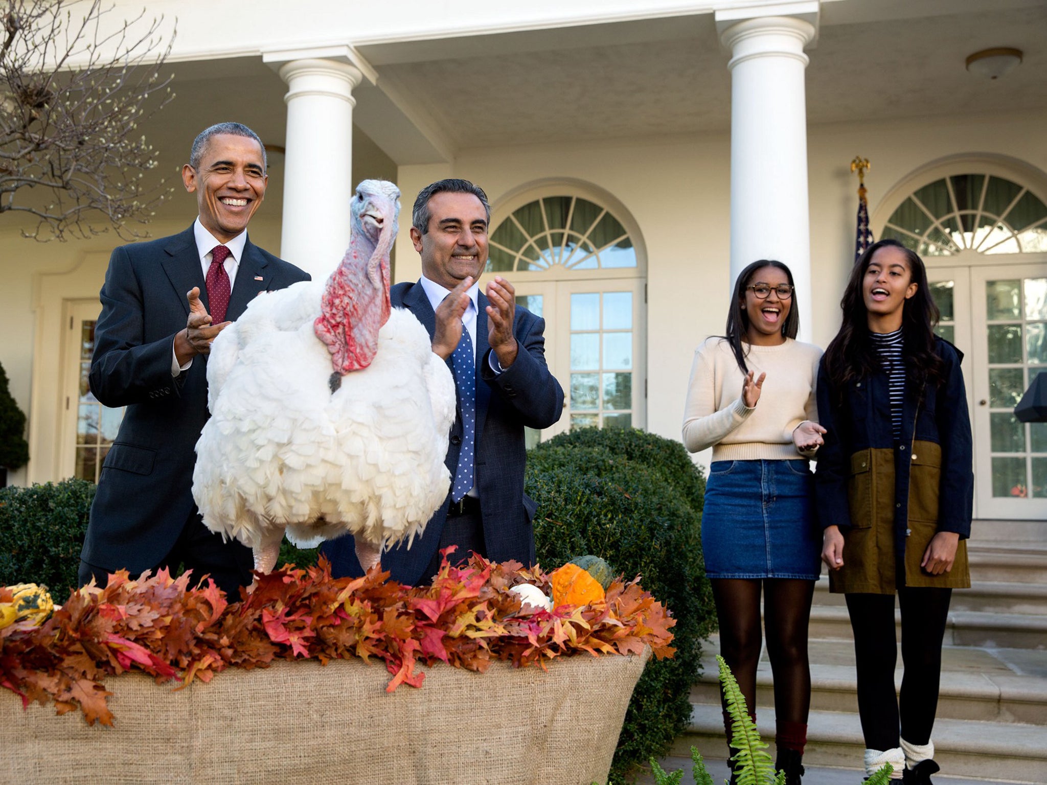 Nov. 25, 2015
“The President and his daughters Sasha and Malia participate in the annual National Thanksgiving Turkey pardon ceremony in the Rose Garden with National Turkey Federation Chairman Jihad Douglas.”