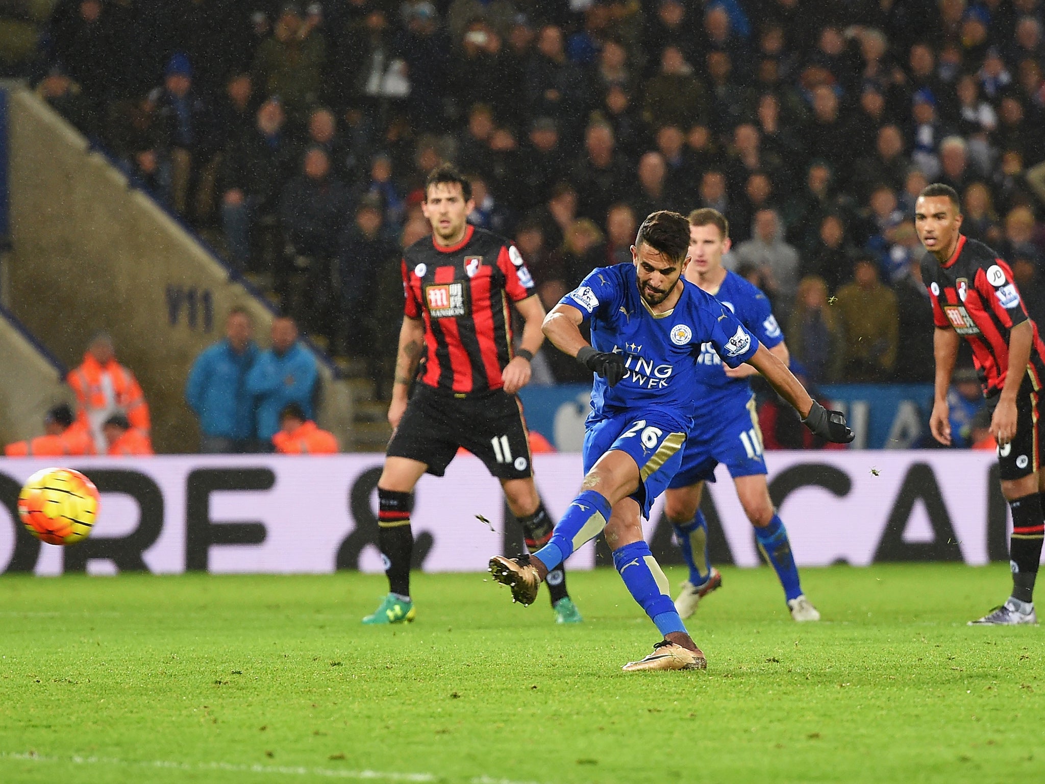 &#13;
Riyad Mahrez misses a penalty against Bournemouth&#13;