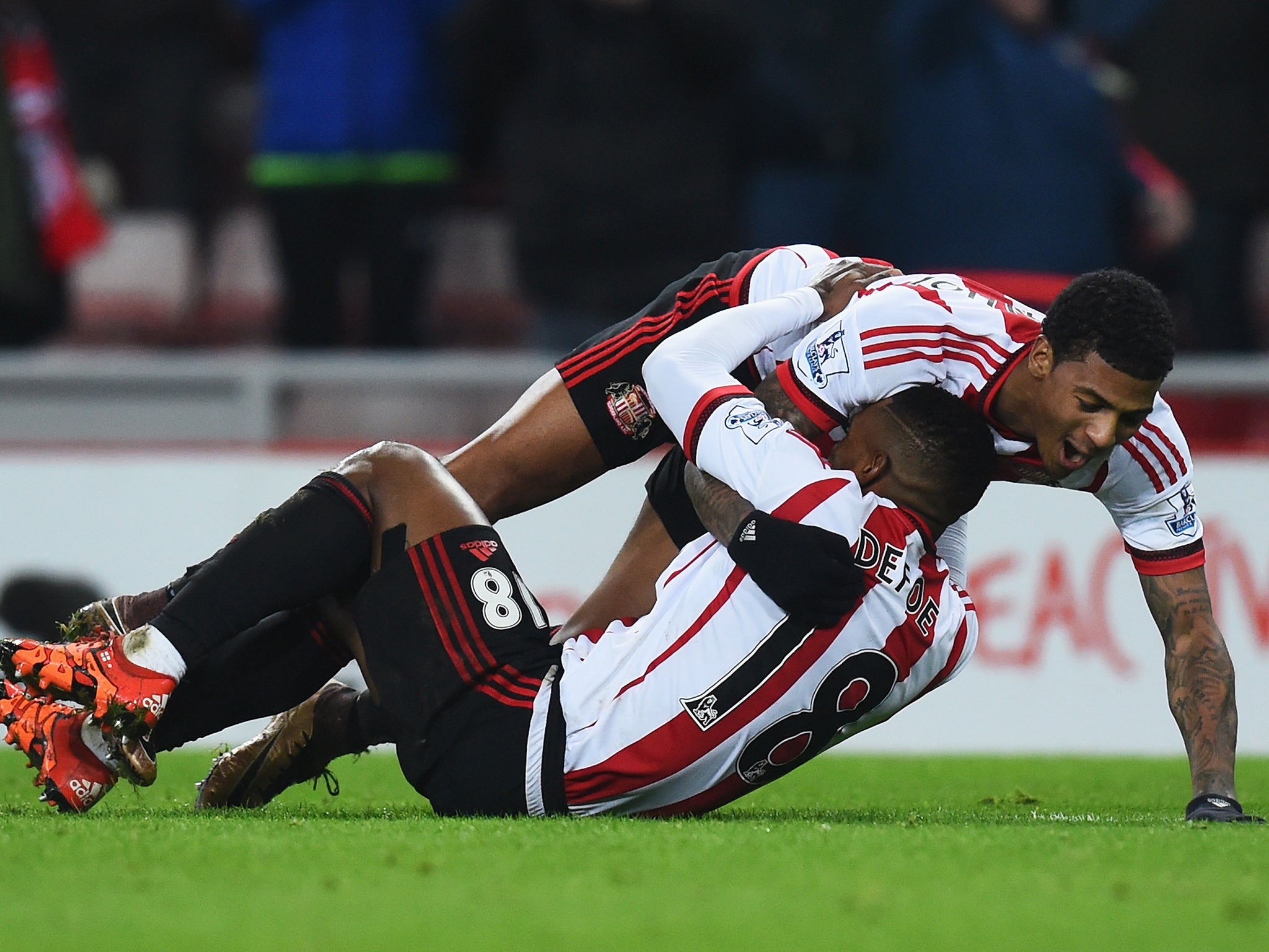 Jermain Defoe is congratulated on his second goal