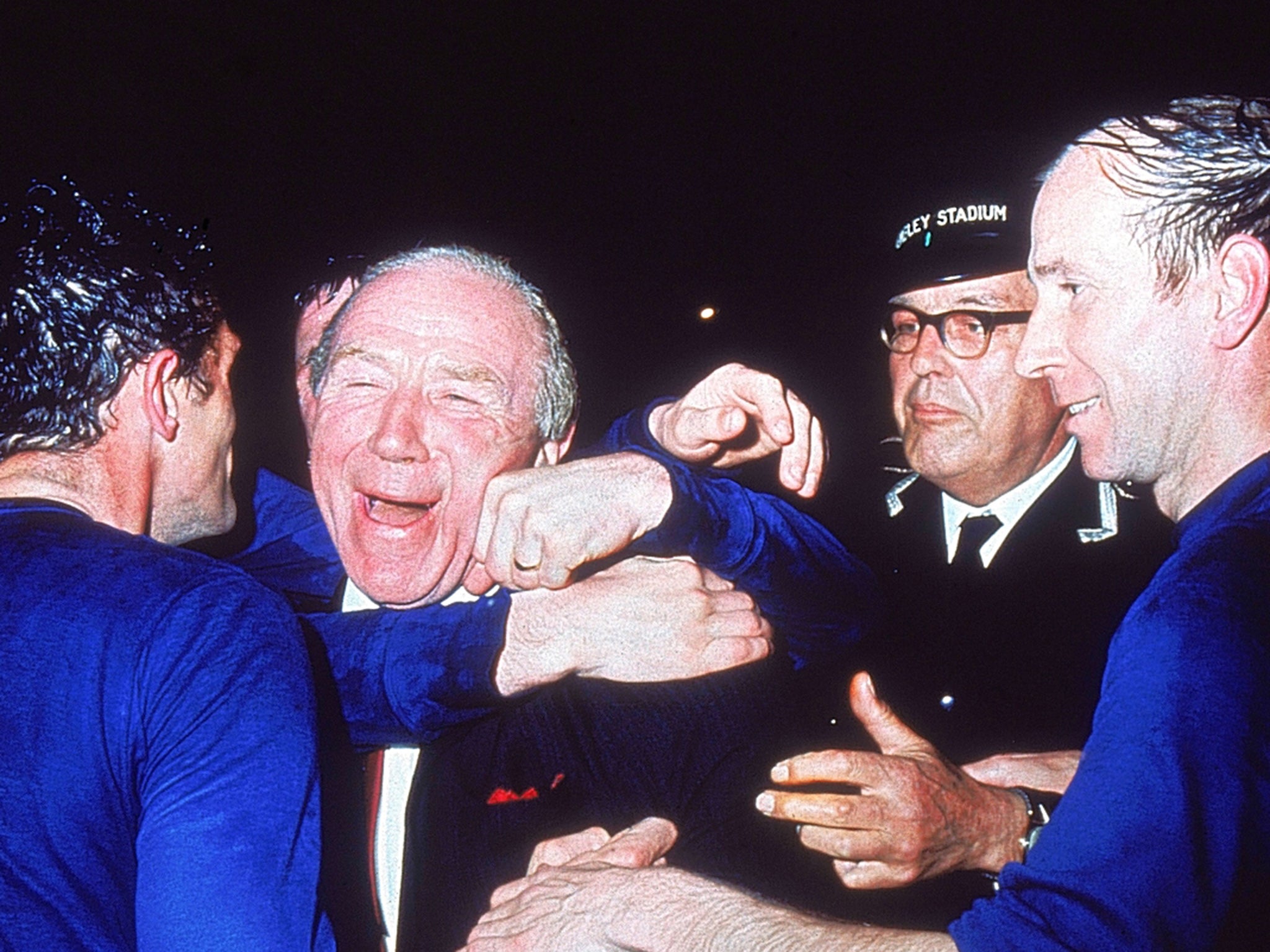 Matt Busby celebrates United’s 4-1 victory over Benfica in the European Cup final in 1968