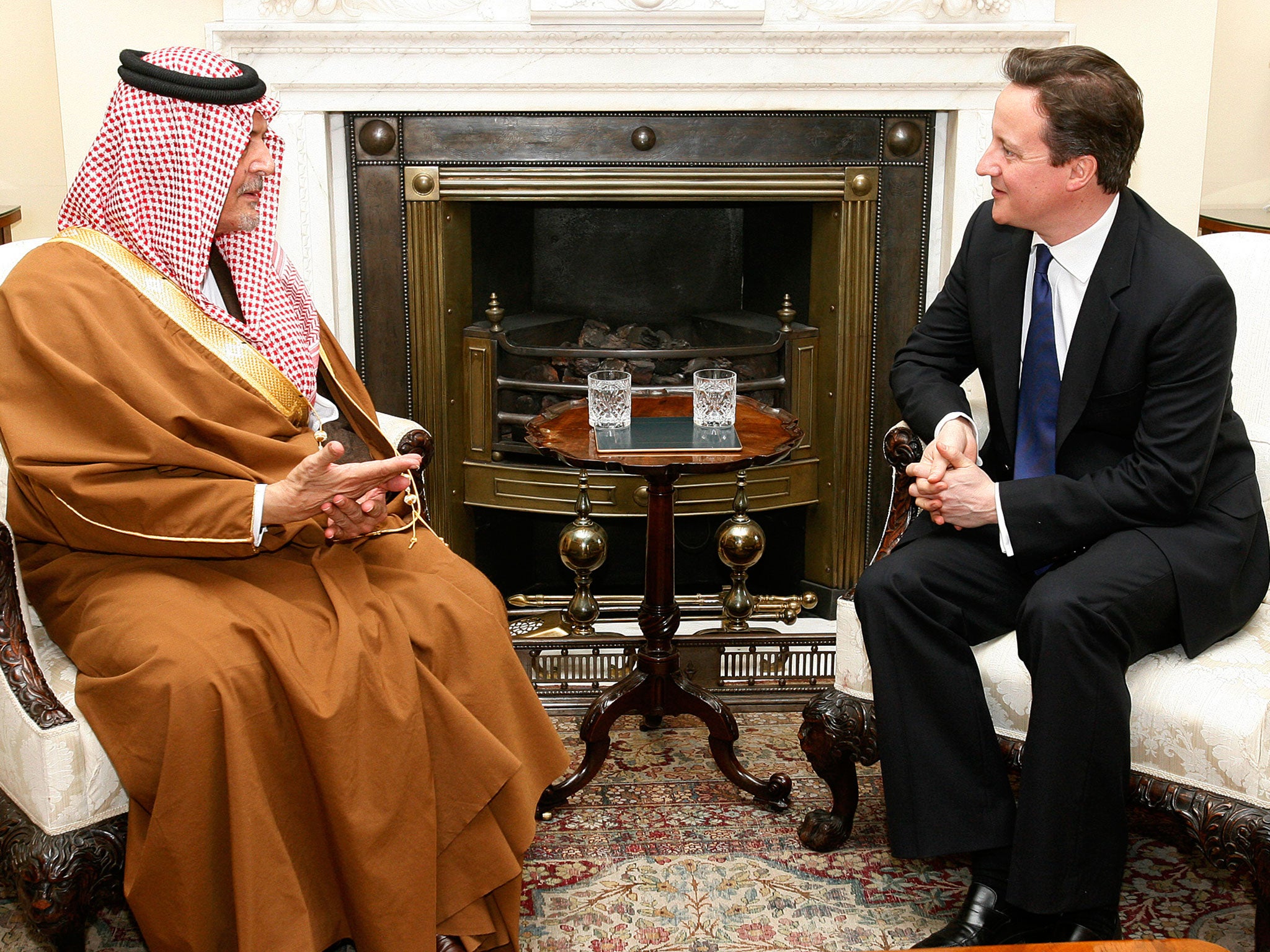 Prime Minister David Cameron meets with The Saudi Foreign Minister Prince Saul Al Faisal inside 10 Downing Street