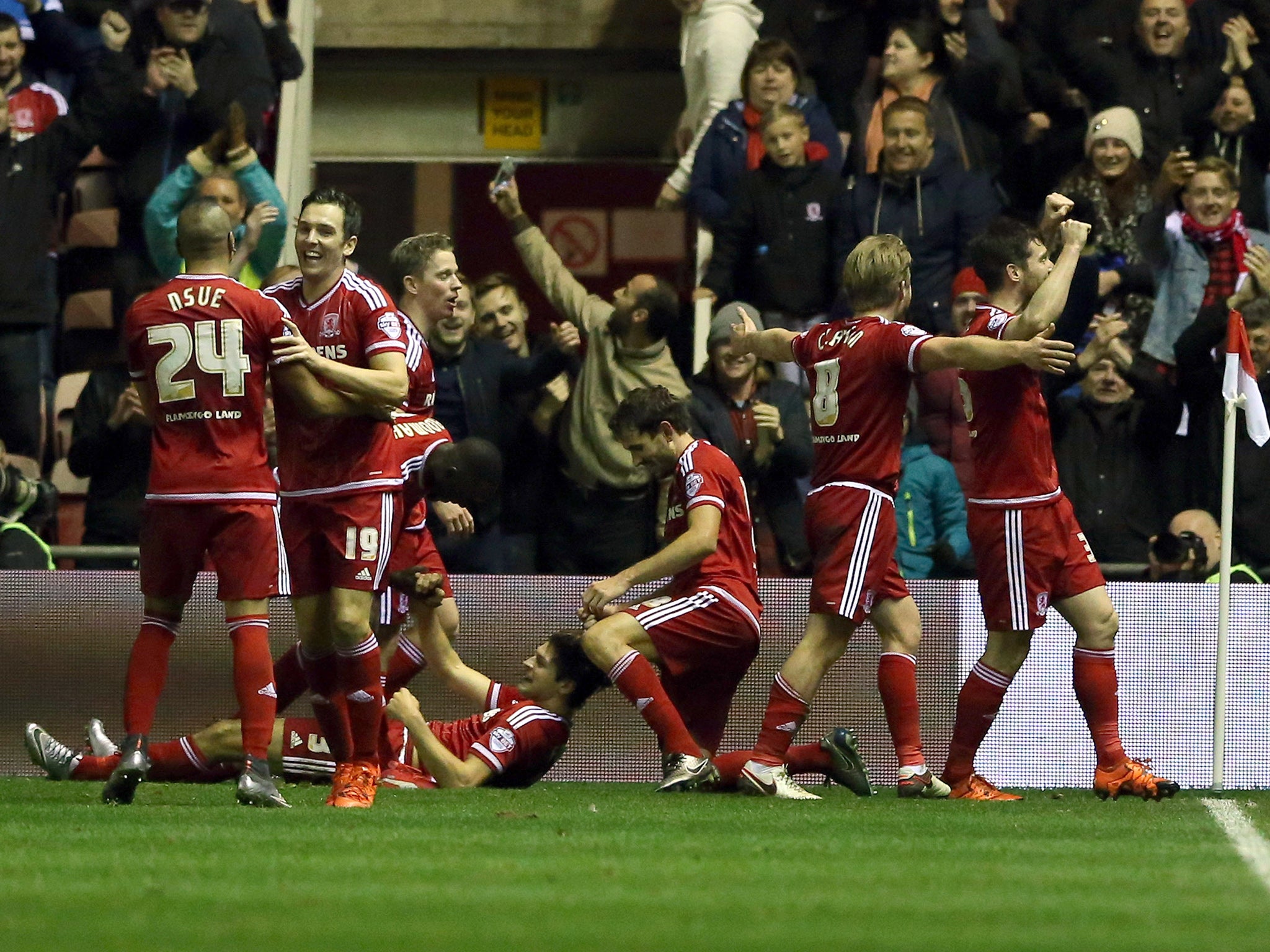 Middlesbrough players celebrate George Friend's goal