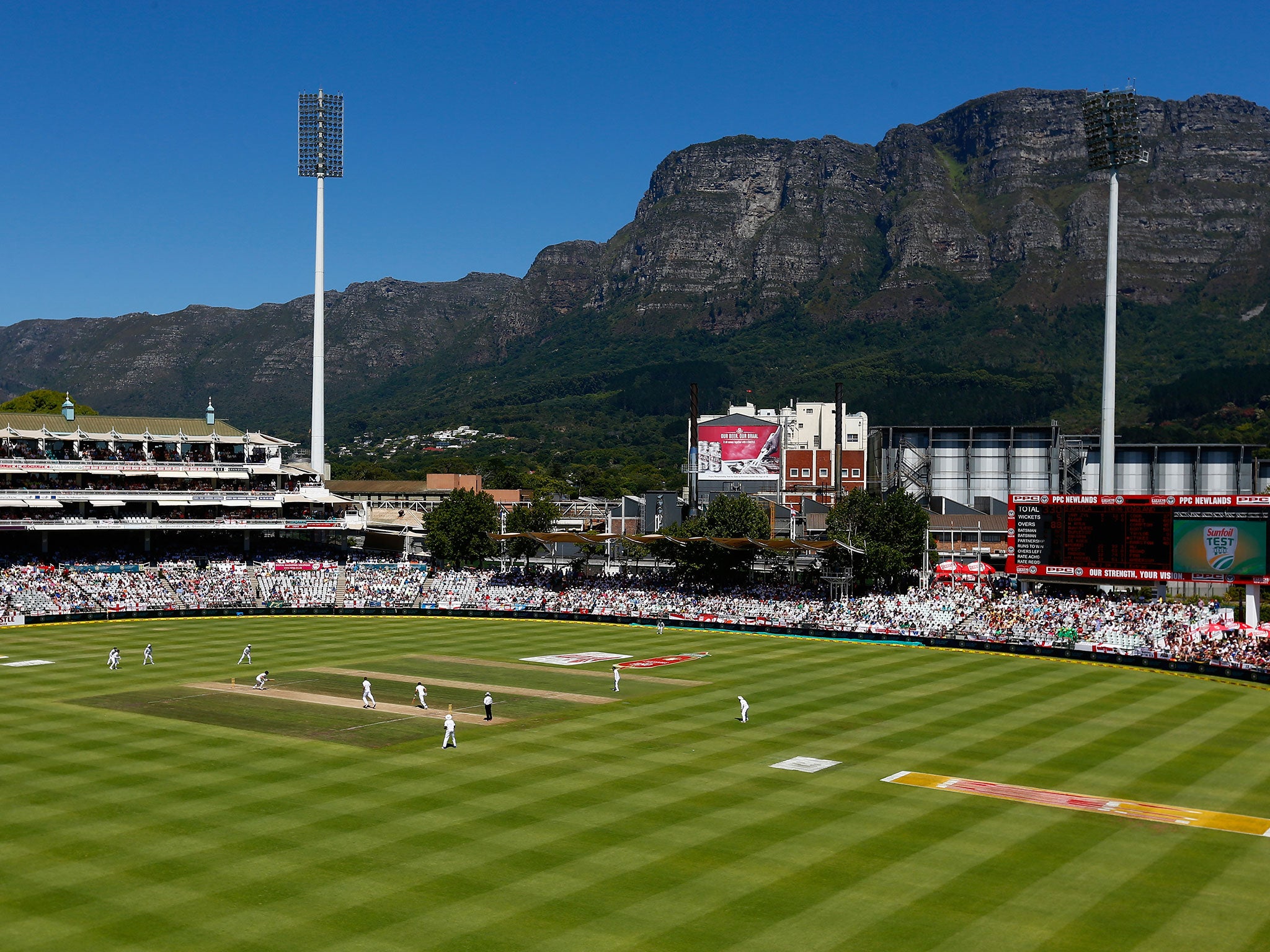 A general view as Ben Stokes and Jonny Bairstow of England score runs during day two of the 2nd Test at Newlands Stadium