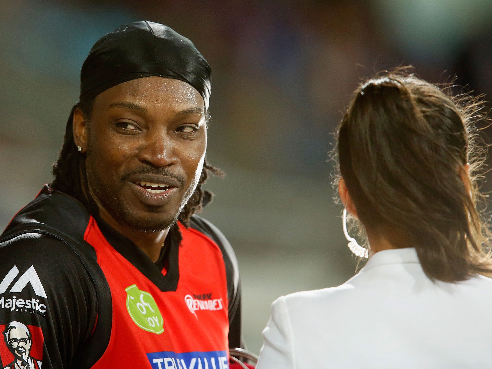 Chris Gayle is interviewed by Mel McLaughlin