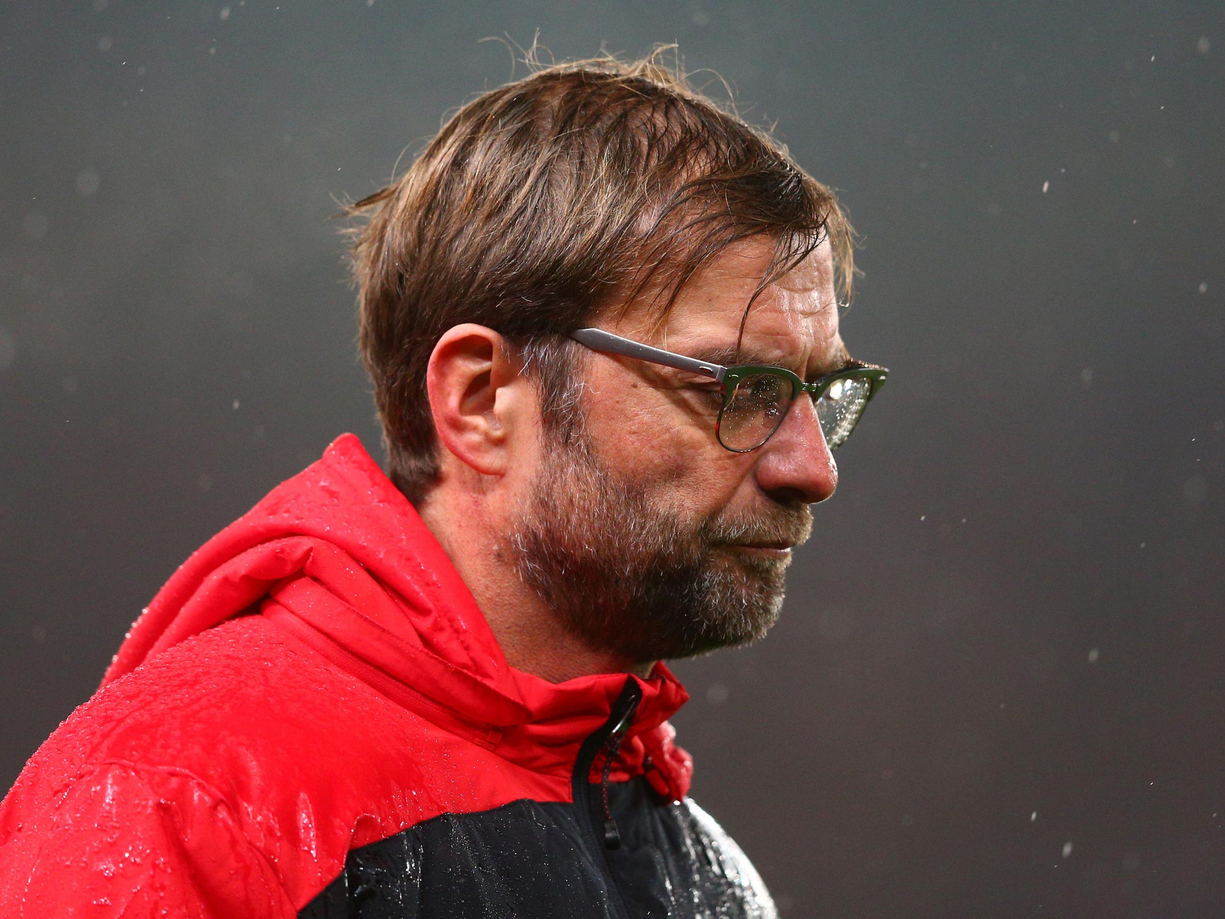 Jurgen Klopp looks downcast during the 1-0 defeat of Stoke City