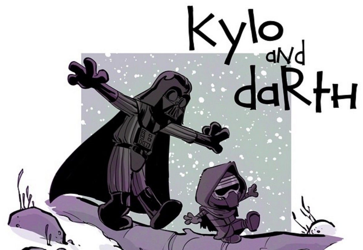 Darth Vader and Kylo Ren rendered in the style of Calvin and Hobbes