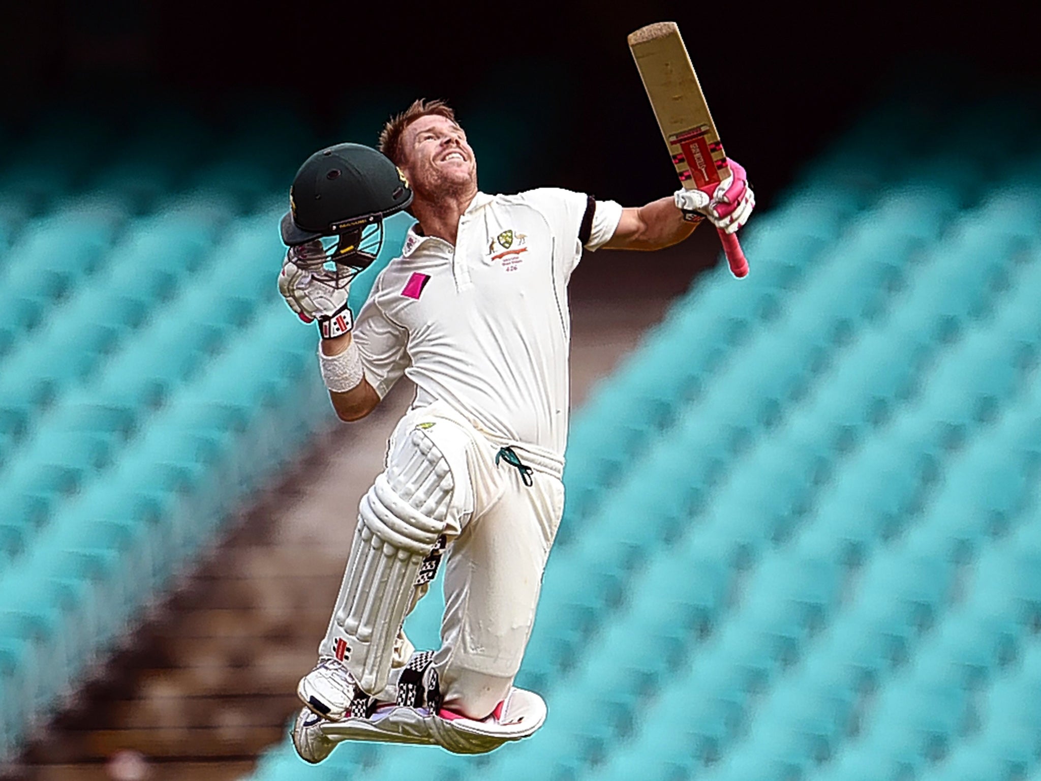 Australia batsman David Warner celebrates reaching his century against West Indies yesterday in front of the SCG’s empty seats afp