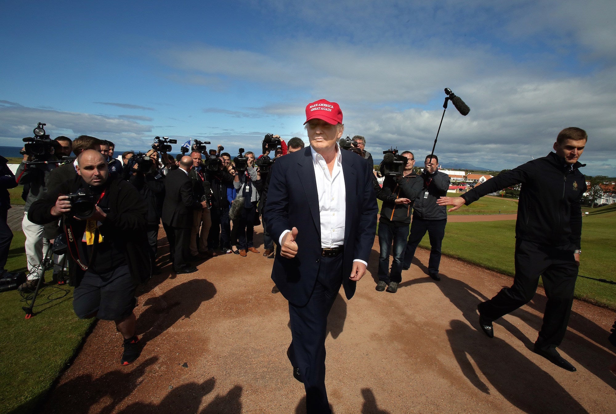 Donald Trump arrives at the Women's British Open Golf Championships in Turnberry, Scotland on July 30, 2015. Paul Faith/Getty