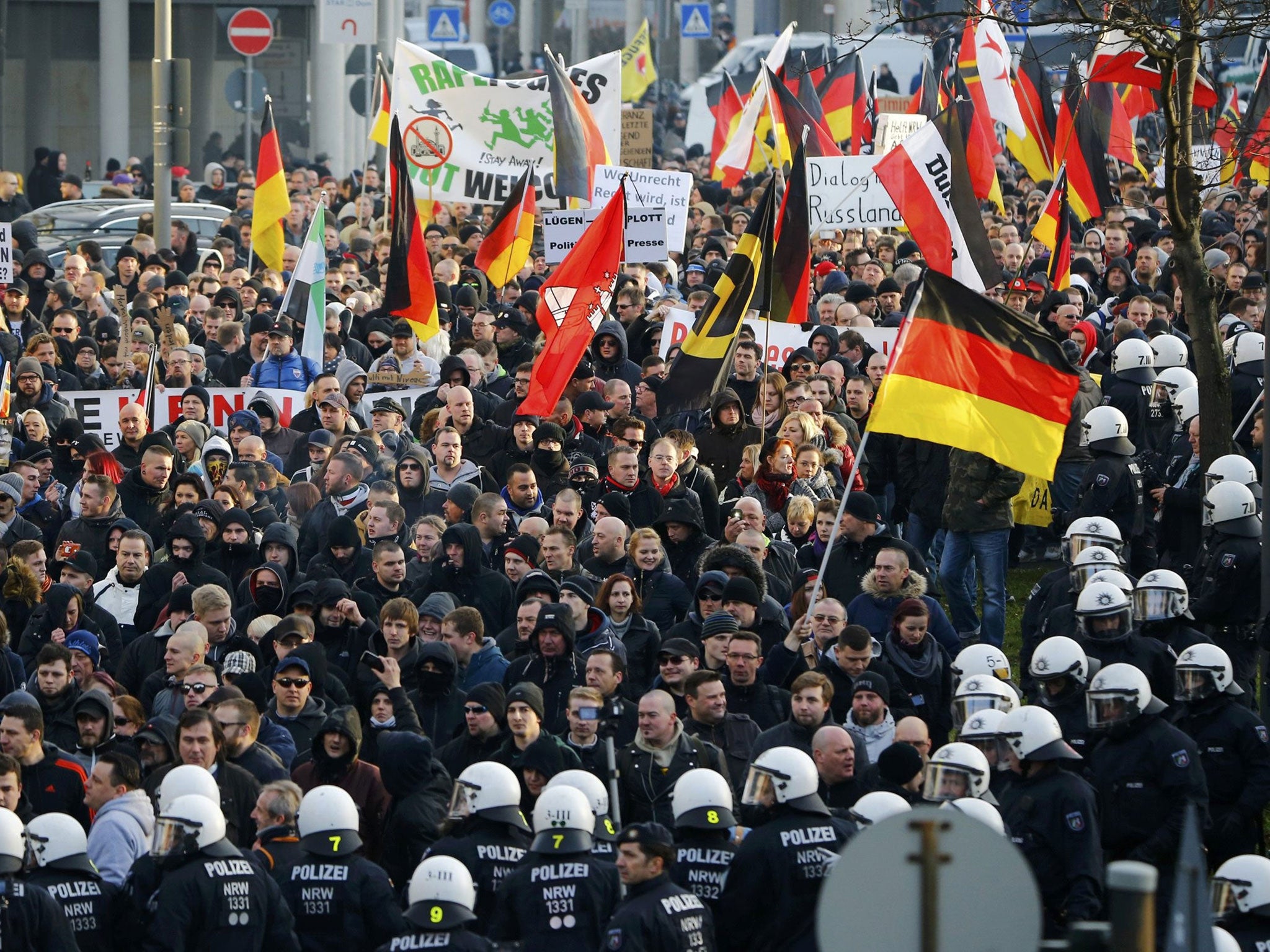 Police used pepper spray to control supporters of Pegida, Hogesa (Hooligans against Salafists) and other right-wing populist groups as they protested against the New Year's Eve sex attacks on 9 January, 2016 in Cologne, Germany