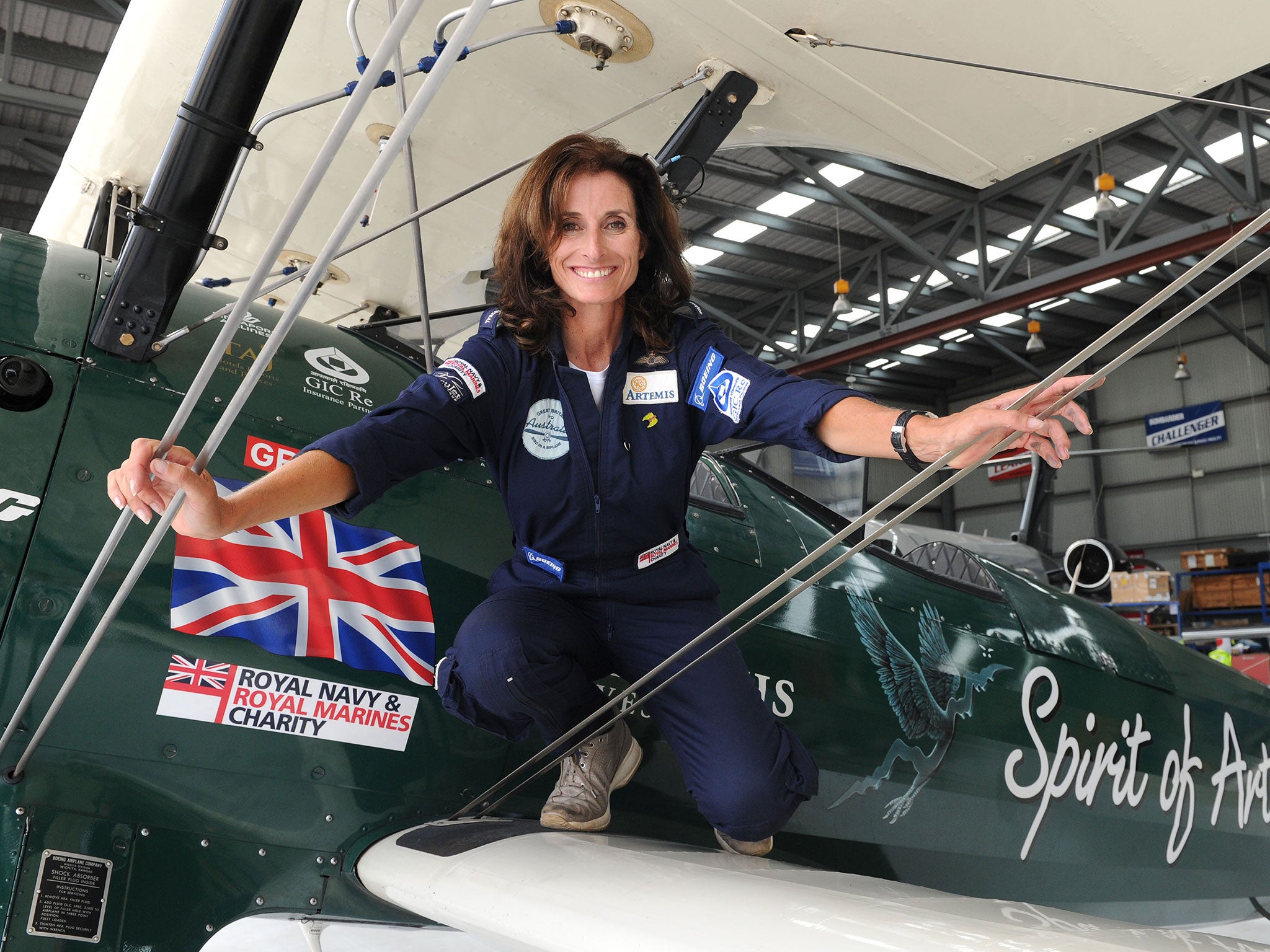 Tracey Curtis-Taylor at Sydney International Airport, Australia, after flying 13,000 miles in her restored 1942 Boeing Stearman Spirit of Artemis