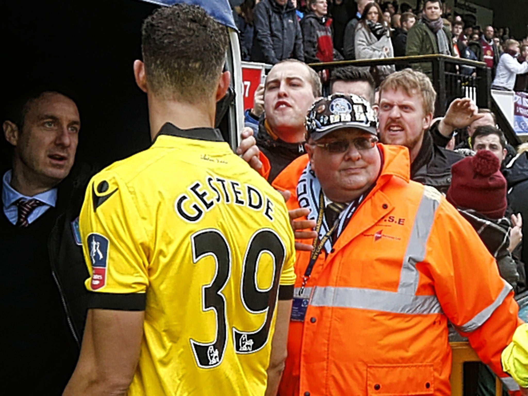 &#13;
Aston Villa fans clash with striker Rudy Gestede after the draw&#13;